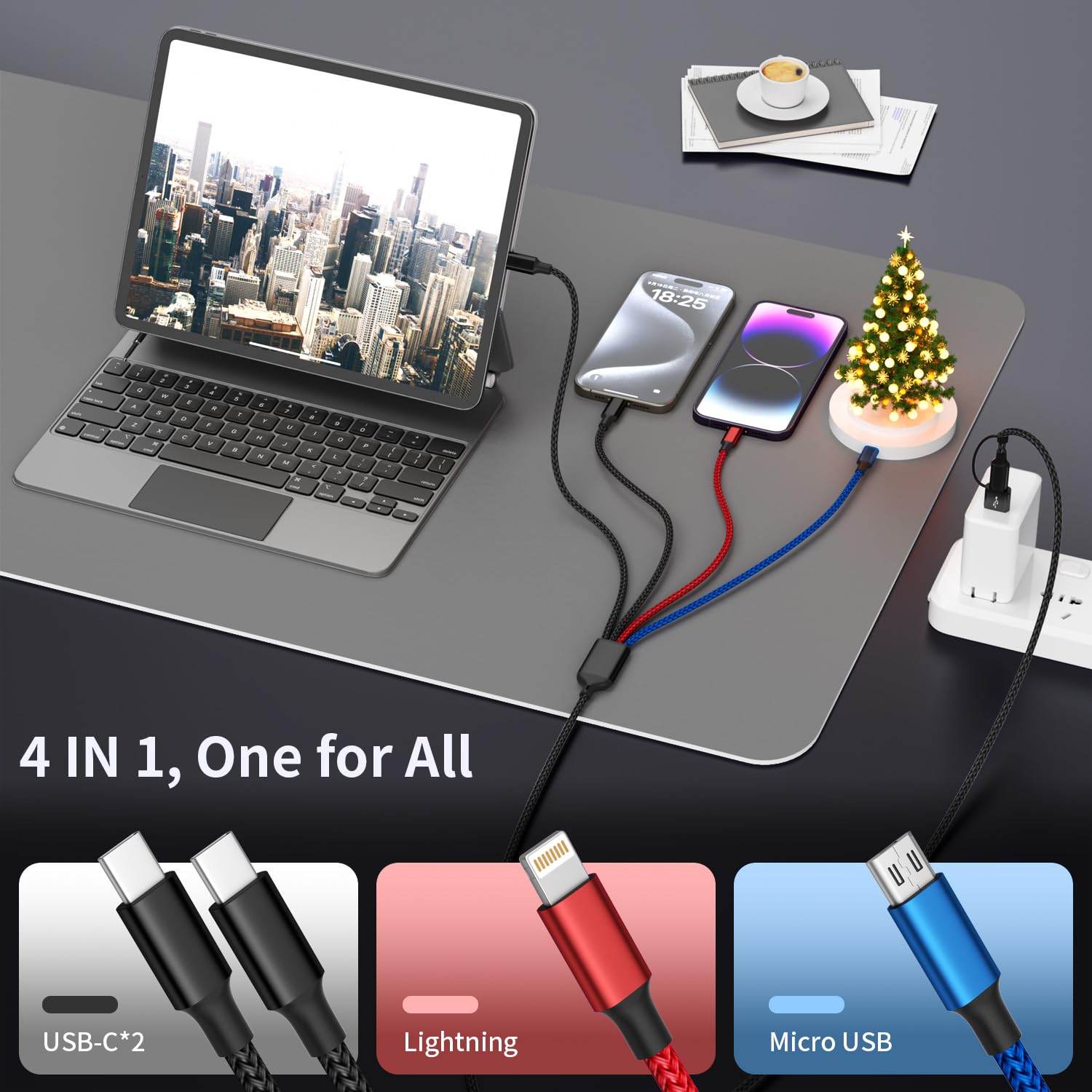 MPATIBY Paquete de 2 cables de carga 4 en 2 de viaje de 6 pies con puerto doble tipo C, cable de carga múltiple USBA/C para múltiples dispositivos, cable de carga de cobre estañado para iPhone 17-12