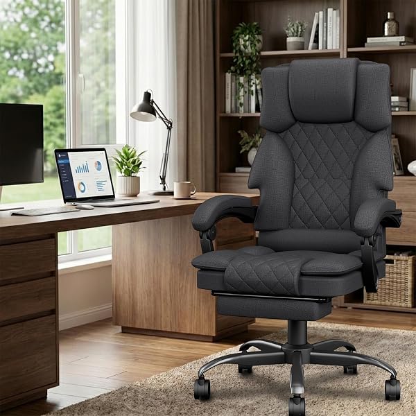 Sedia da Ufficio Ergonomica con Poggiapiedi in Tessuto, Poltrona Ufficio Sedia Scrivania ad Altezza Regolabile con Ruote Piroettanti, Sedia Ufficio per Home, Sedia Gaming, Grigio Scuro - 2