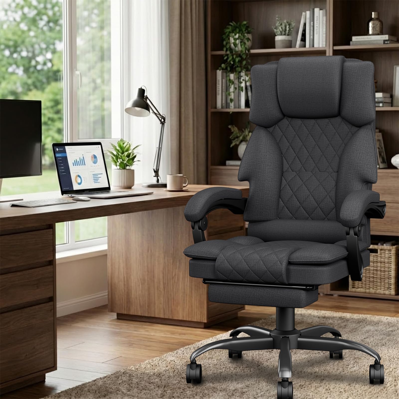 Sedia da Ufficio Ergonomica con Poggiapiedi in Tessuto, Poltrona Ufficio Sedia Scrivania ad Altezza Regolabile con Ruote Piroettanti, Sedia Ufficio per Home, Sedia Gaming, Grigio Scuro - 3