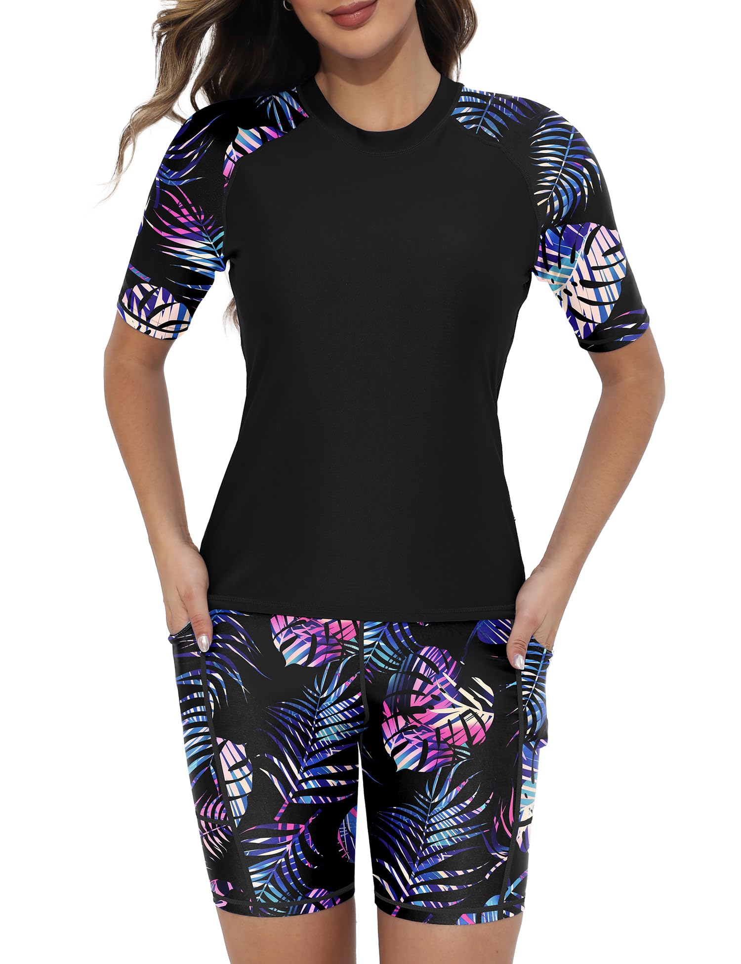 Tournesol Women's Two Piece Rash Guard Short Sleeve UPF 50+ Swim Shirts