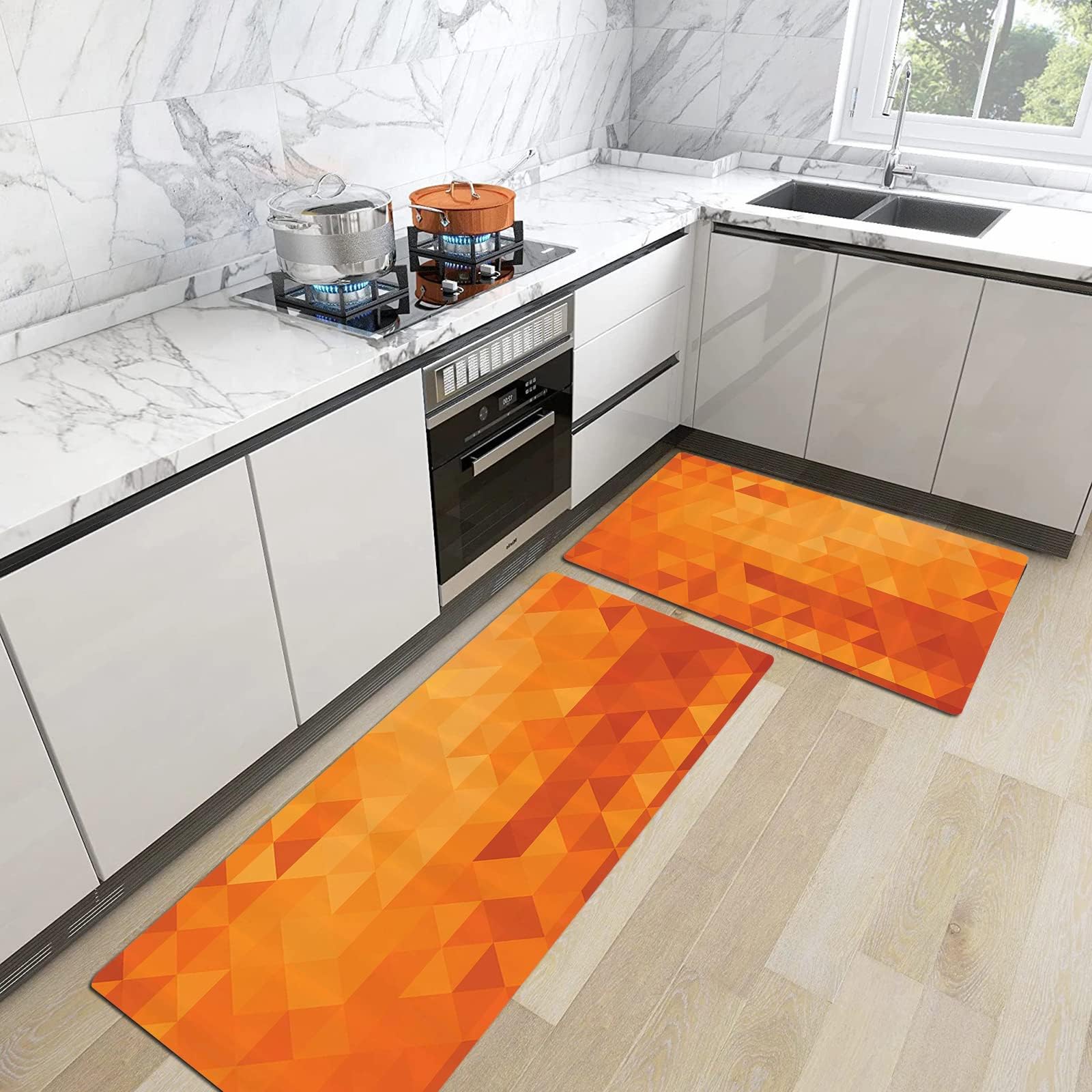 2 Piece Kitchen Mats Rug Set,Burnt Orange Set,Triangle Mosaic Shaded Shapes and Patterns Abstract Digit,Kitchen Mats And Rugs, Non-slip, Oil Resistant Floor Mats for Kitchen, Office 45x70 cm+45x120 cm