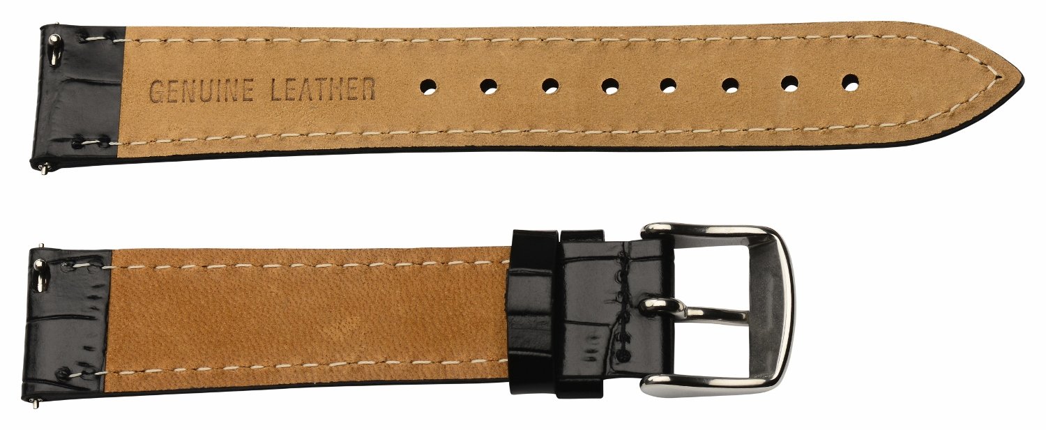 Clockwork Synergy - 2 Piece Ss Leather Classic Croco Grain Interchangeable Replacement Watch Band Strap 13mm - Solid Black - Men Women