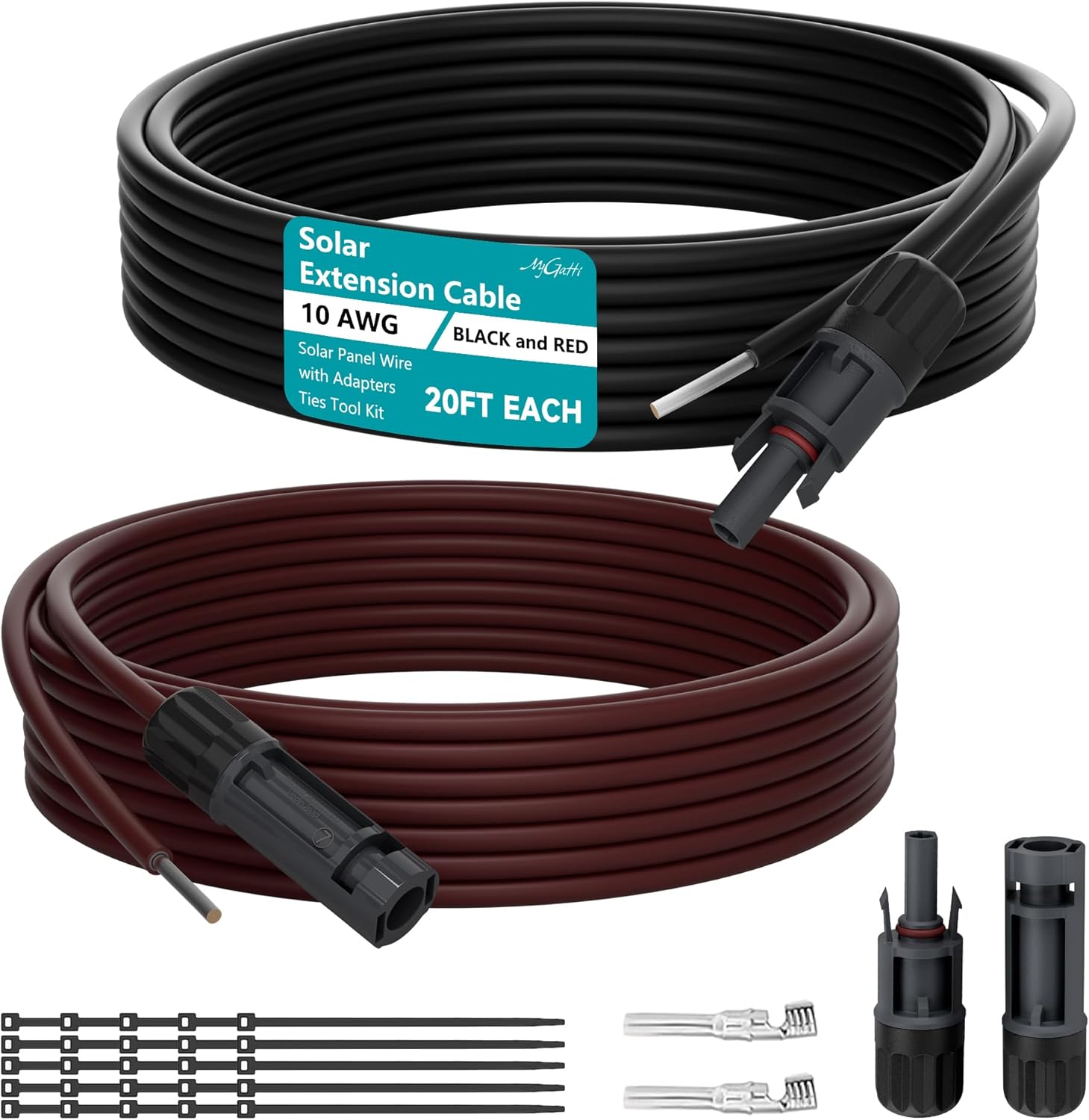 12AWG Solar Cable 2 Pack (Each 100FT, Black + Red), Solar Cable with Female and Male Connector with Extra Free Pair of Connectors, Solar Panel Extension Cable Adapter