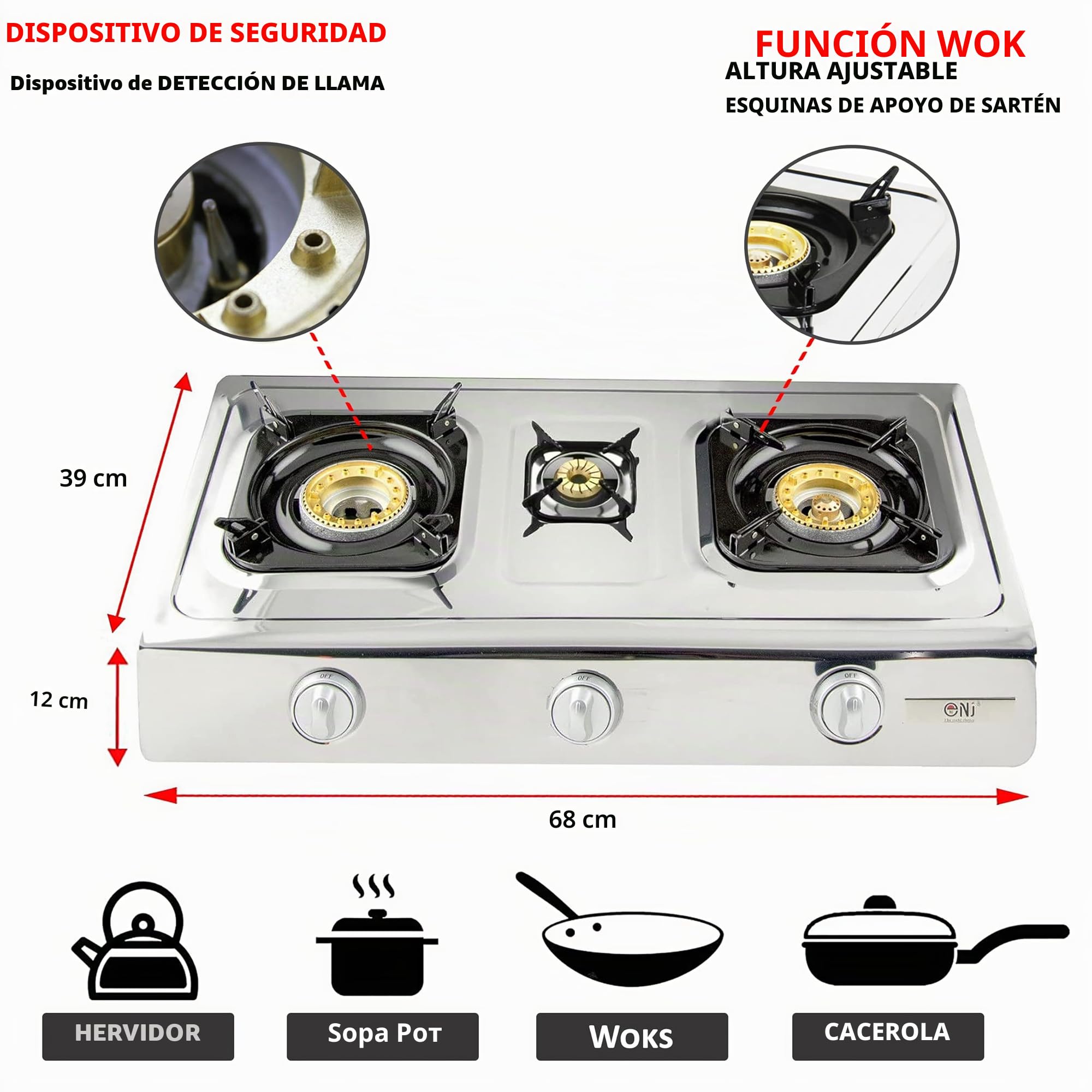 NJ NSD-3 Cocina portátil de GLP - Estufa de 3 quemadores para uso en interiores 8.0kW WOK