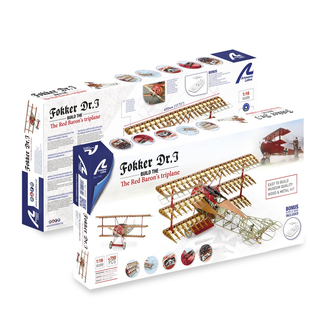 Artesanía Latina - Flugzeugmodell aus Holz und Metall Deutsche Kampfjet Fokker Dr. I - Roter Baron – Modell 20350, Maßstab 1:16 - Modelle zum Bauen - Expertenniveau