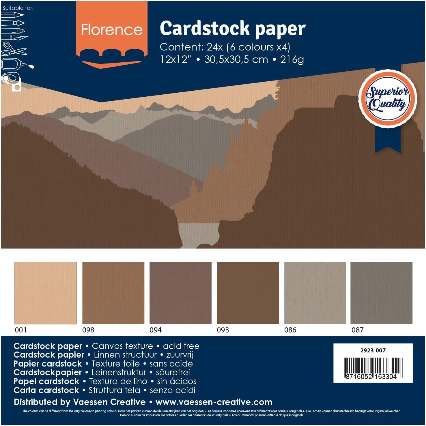 Vaessen Creative Florence Scrapbook Paper Cardstock, Paper, Brown, 12 x 12-Inch, 24 Sheets, 216 g