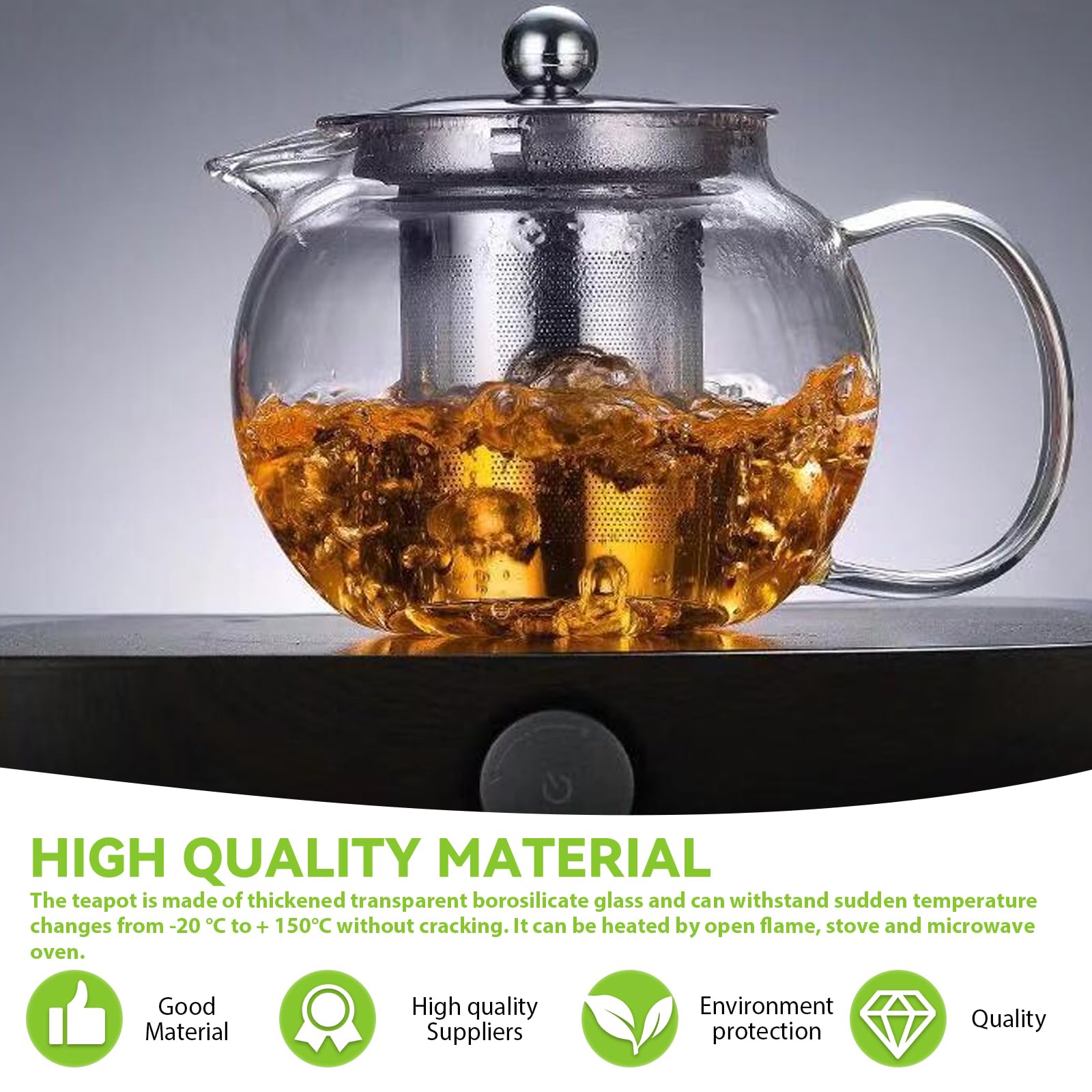 Tetera de cristal de 1300 ml, resistente al calor, cristal de borosilicato con filtro extraíble y tapa, placa de cocina, tetera, tetera, jarra de cristal para té, té de hierbas y bolsitas de té