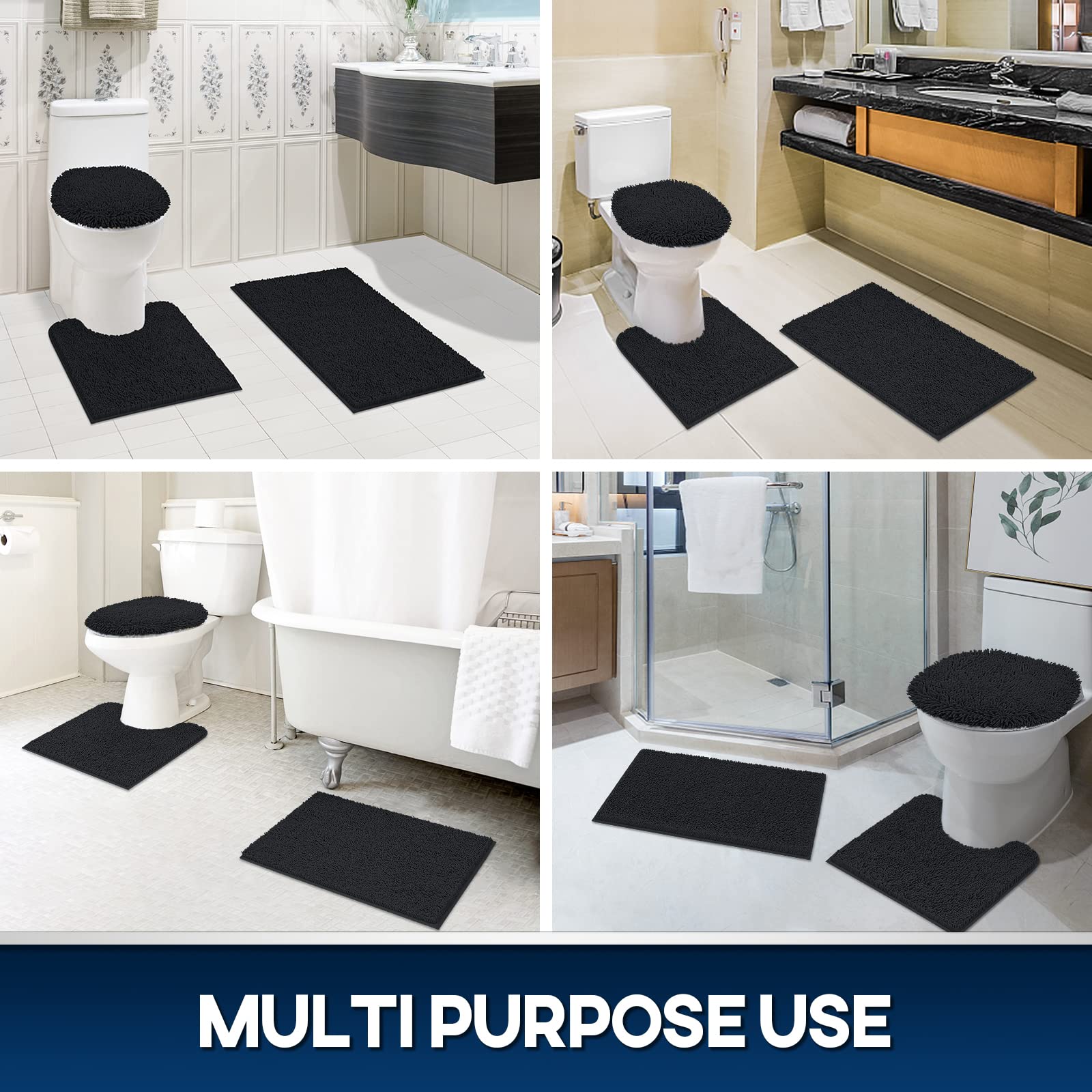Set di 3 tappeti da bagno in ciniglia, extra morbidi e assorbenti | Tappetino da bagno 50,8 x 81,3 cm + tappetino per WC a forma di U+copricoperchio, nero, antiscivolo, lavabile in lavatrice e