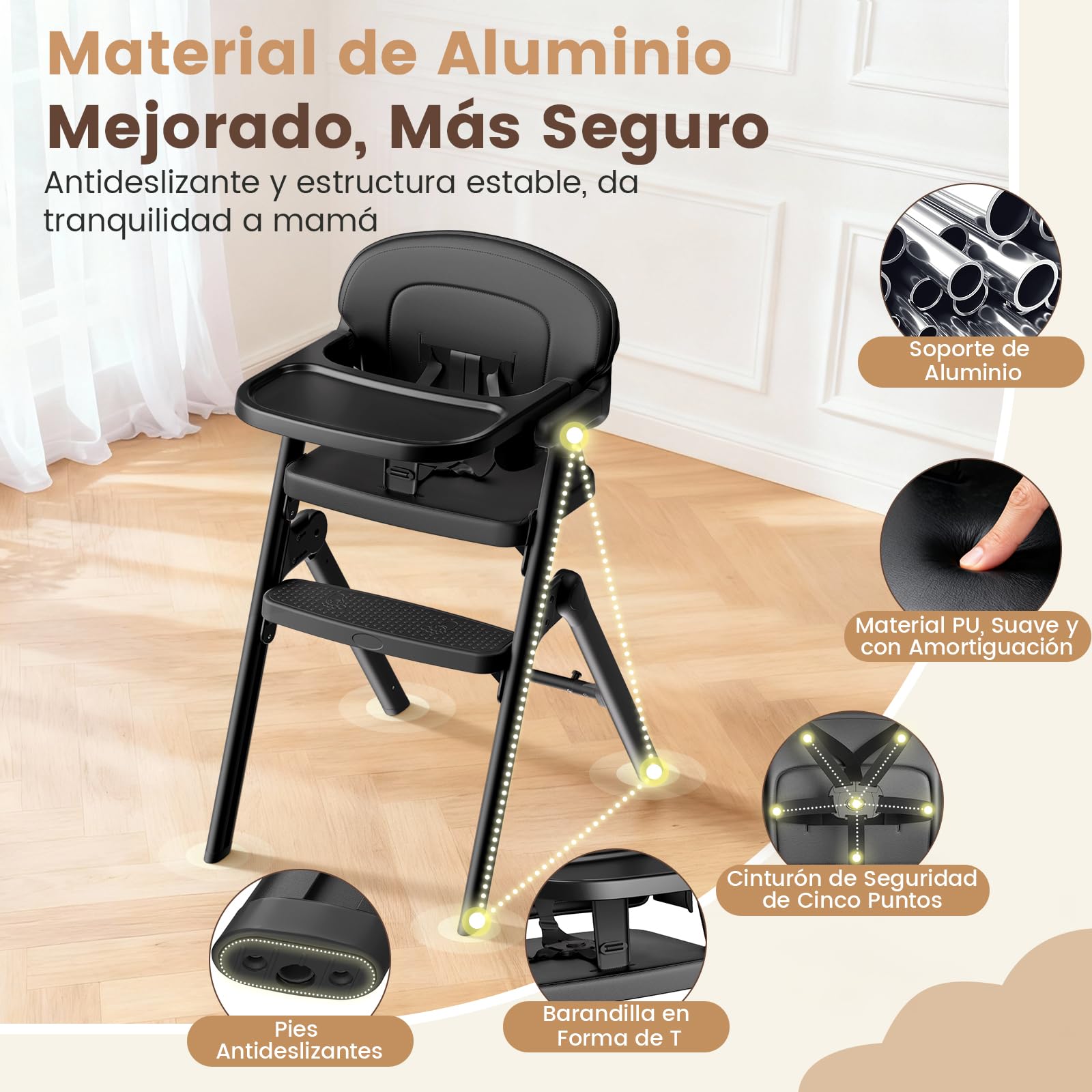 Trona Evolutiva Bebé-Plegable, Tronas de Bebe Regulable, 6 Meses-90 KG, con Bandeja/Cojín/Arnés de 5 Puntos/Bandeja, Tronas Evolutivas Fácil de Limpiar, Ergonómica (Negro)