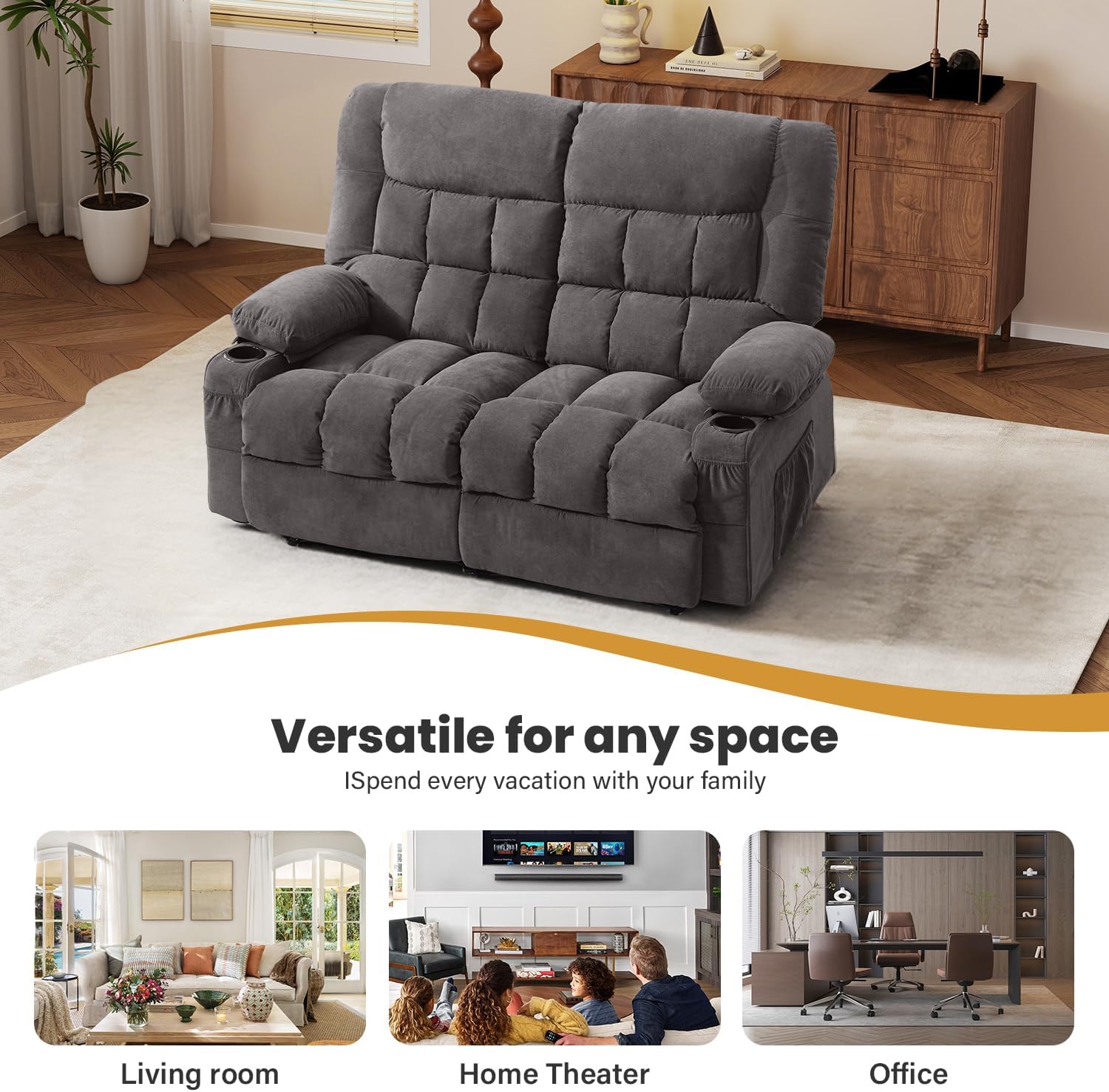 BOSMILLER Reclining Loveseat with Cup Holders for Living Room 2 Seat Manual Loveseat Recliner with Side Pocket | Loveseat recliner