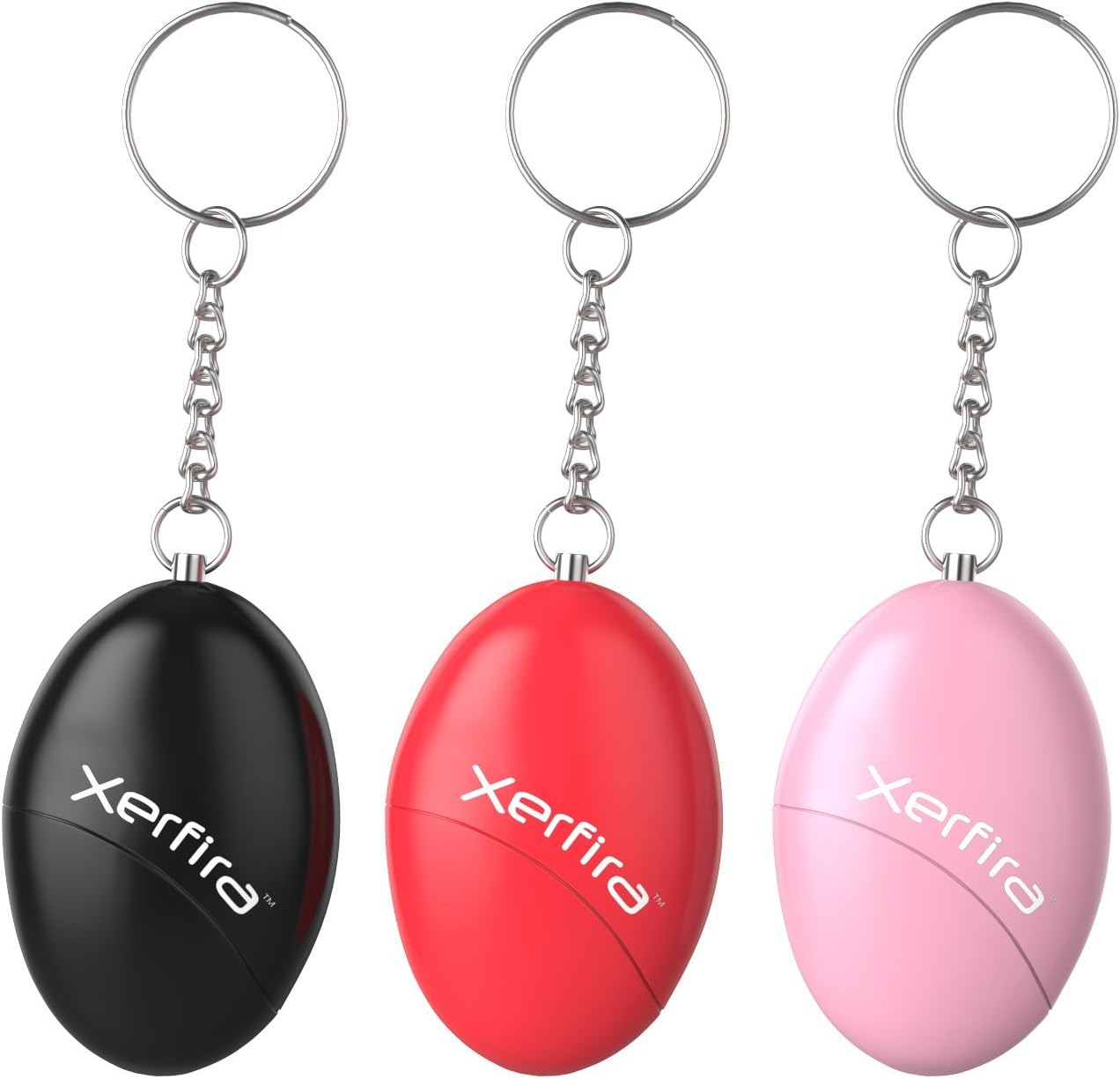 Xerﬁra Personal Alarm, Panic Alarm, Emergency Security Alarm, Pocket Alarm, Keychain with 130db Alarm, Siren, Self-Protection for Woman and Children, Alarm Keychain, Set of 3, Black, Red, Pink, Safety for the Family (View amazon detail page)