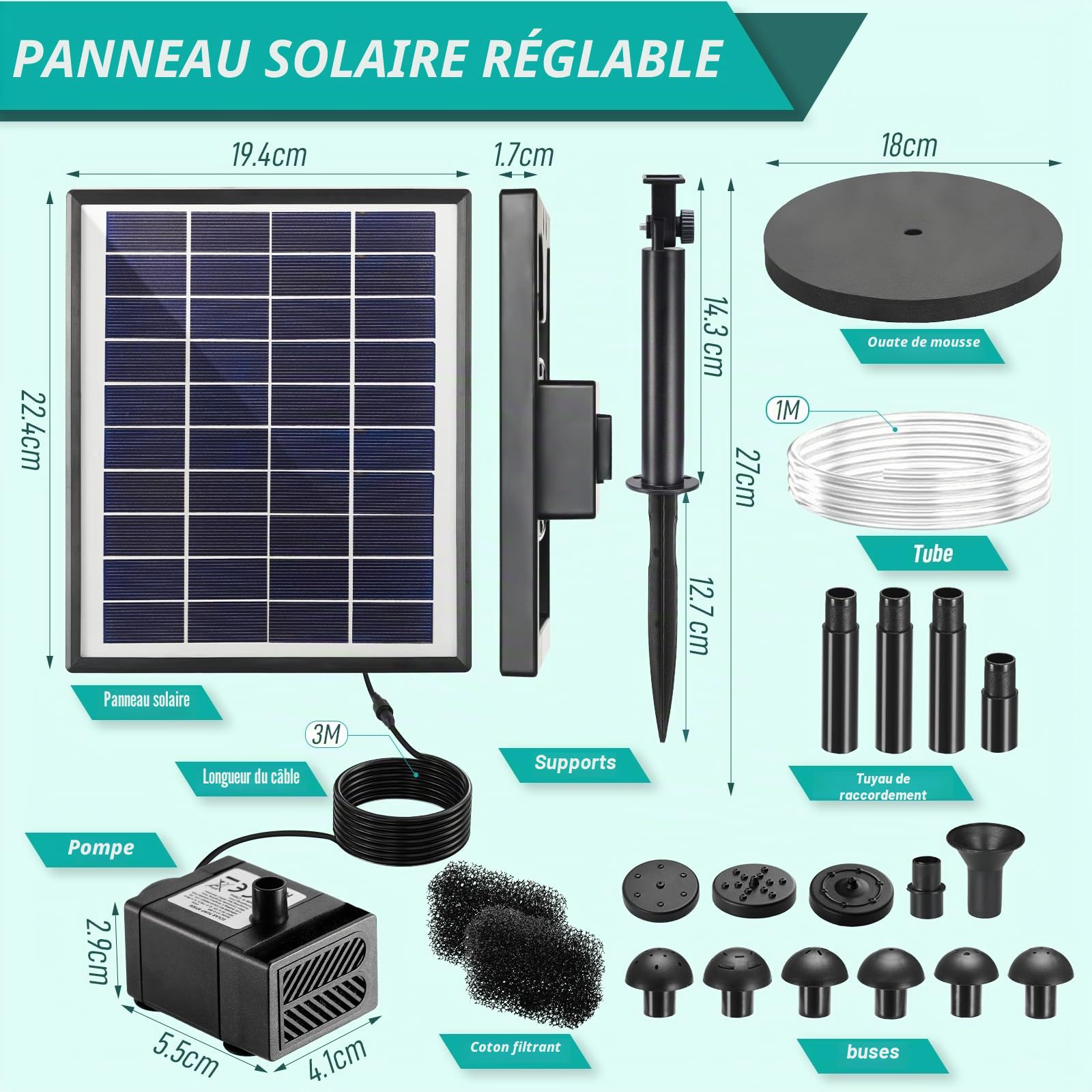Clevich 6,5W Fontaine Solaire, Pompe à Eau Solaire, avec Tuyau d'eau de 1 m, Câble de 3,25 m, pour Bassins à Poissons, Petits Bassins, Cascades, Pots de Fleurs, Fontaines Décoratives