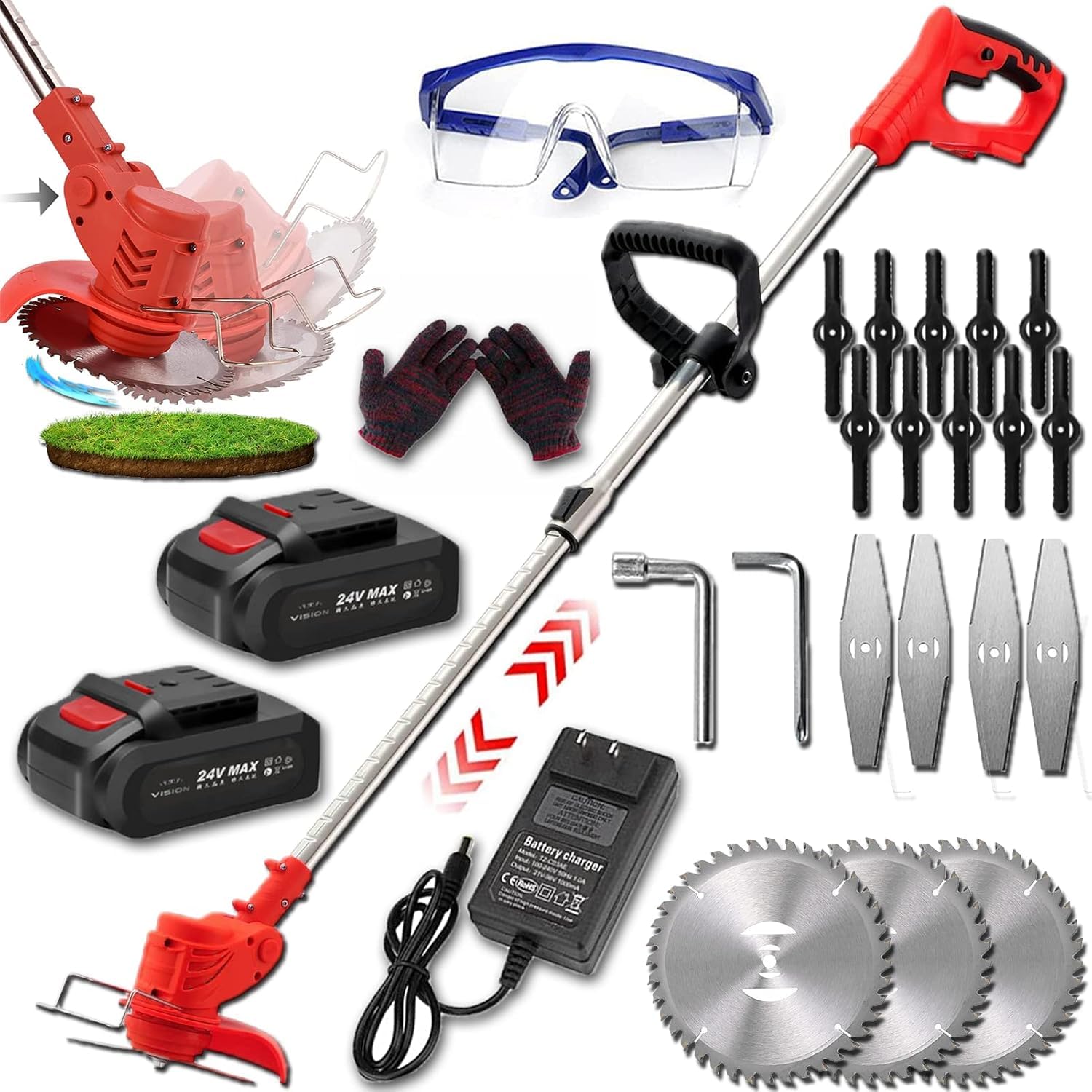Decespugliatore elettrico da giardino, 21 V, senza fili, portatile, con 2 batterie e 3 tipi di lame, per cortile e giardino