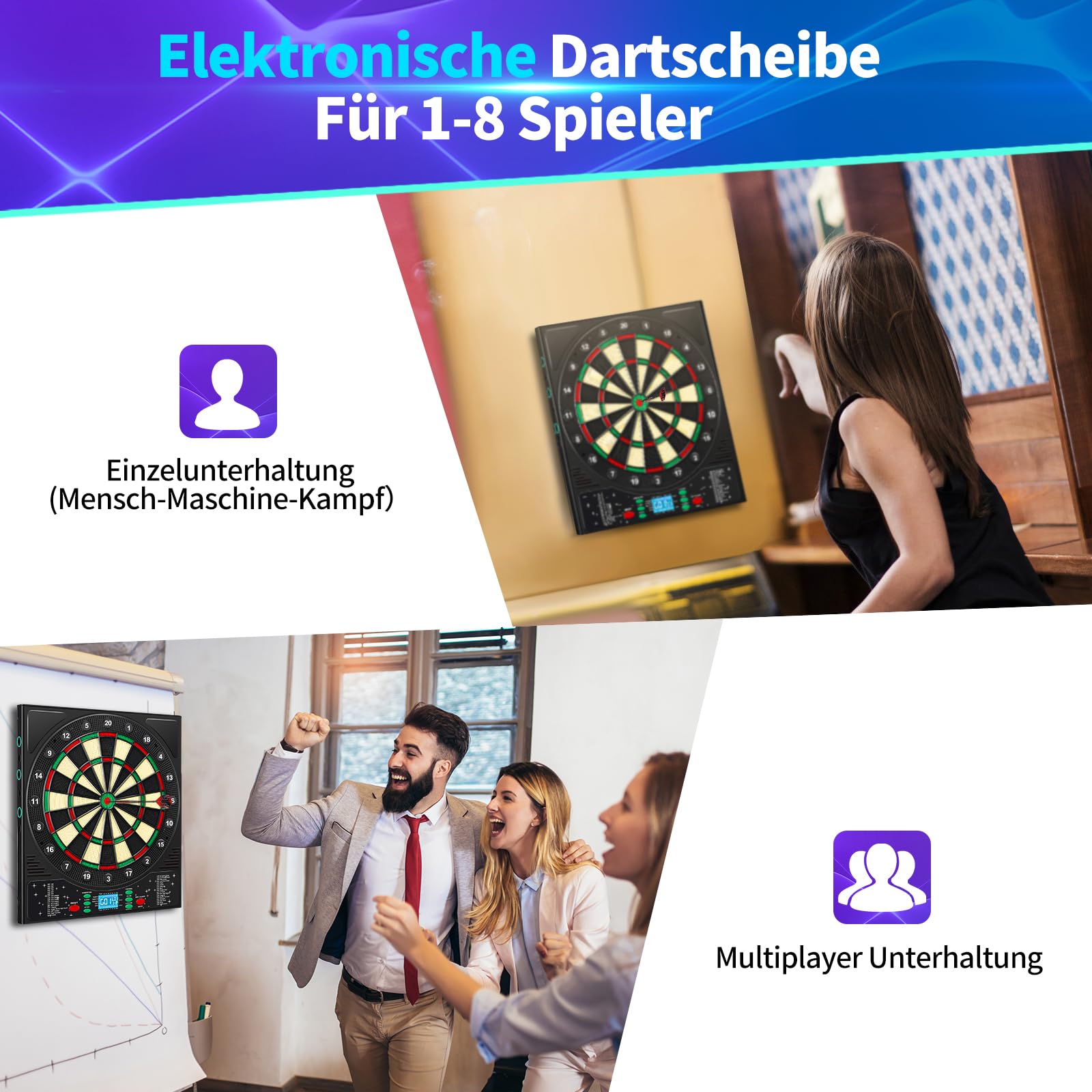 Dartscheibe Elektronisch Profi mit Deutsche Stimme&12 Dartpfeil, Elektronische Dartscheibe mit LCD-Bildschirm, 34 Spiele&355 Variationen, E Dartscheibe Elektronische Dartboard für 1-8 Spieler