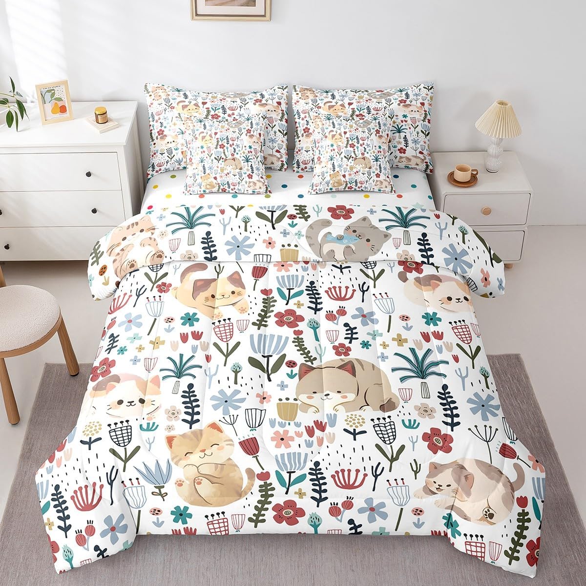 Erosebridal Cute Cat Bed in A Bag Twin,Floral Cats Bedding Sets 7pcs for Kids Boys Girls,Lovely Kitten Comforter,Cartoon Animal Bed Sets with Sheet Set,Pillow Cases,Cushion Covers