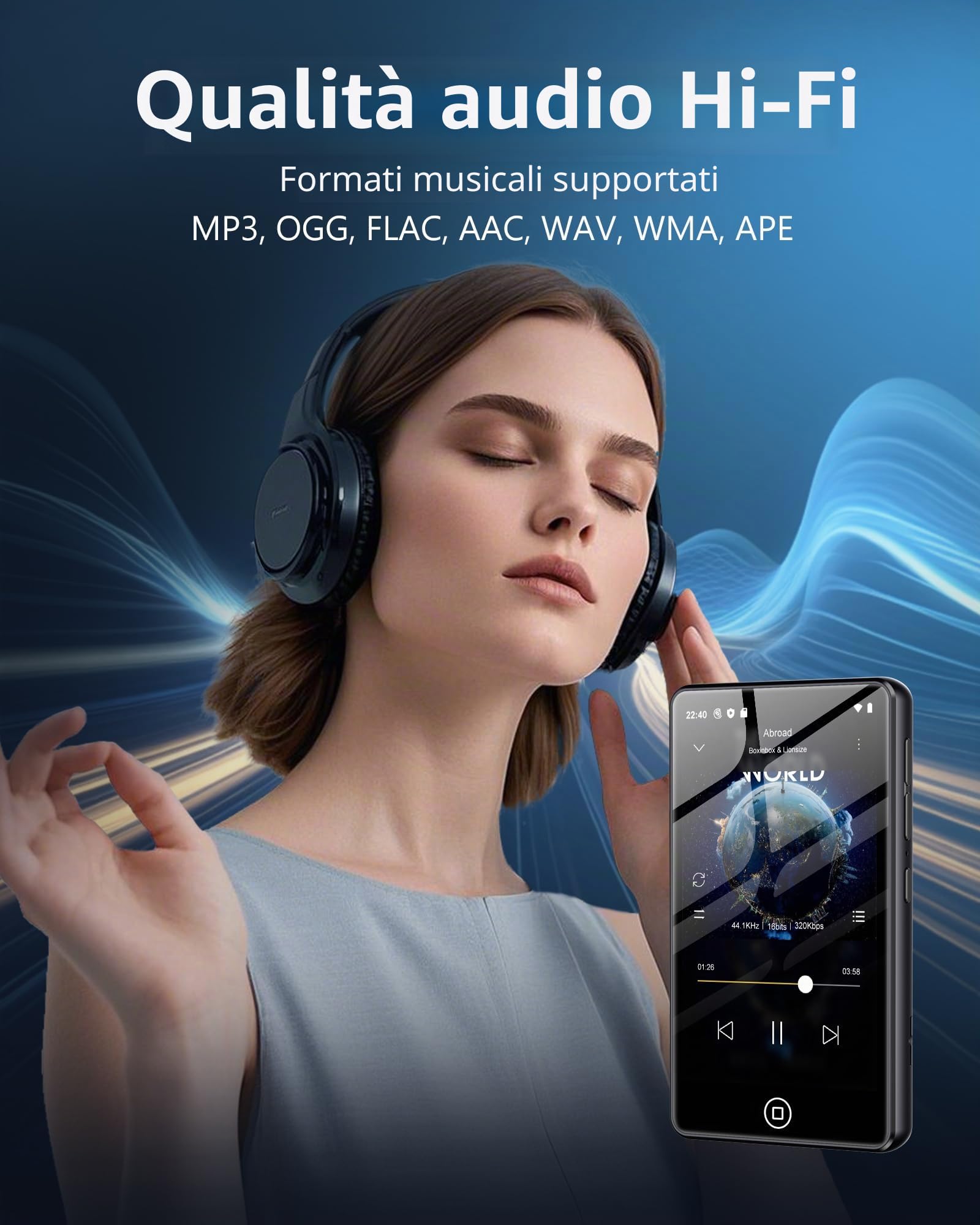 Lettore MP3 Spotify da 80 GB con Bluetooth e WiFi, AGXOV MP4 Lettore Musicale con Schermo Touchscreen da 4,02 Pollici, MP3 Android Portatile con Audible, Deezer, Play Store, Nero
