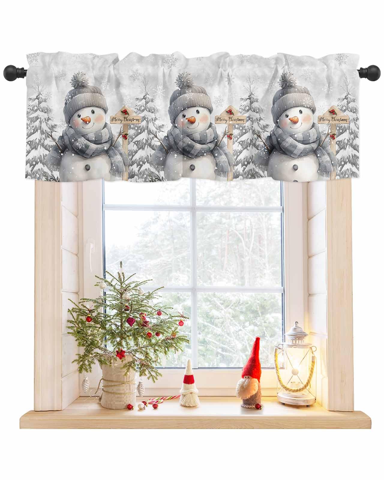 Lsrtoss Gray Snowman Christmas Valances for Windows, Xmas Tree Farmhouse Short Window Curtain Valances, Snowflake Botanical Rod Pocket Kitchen