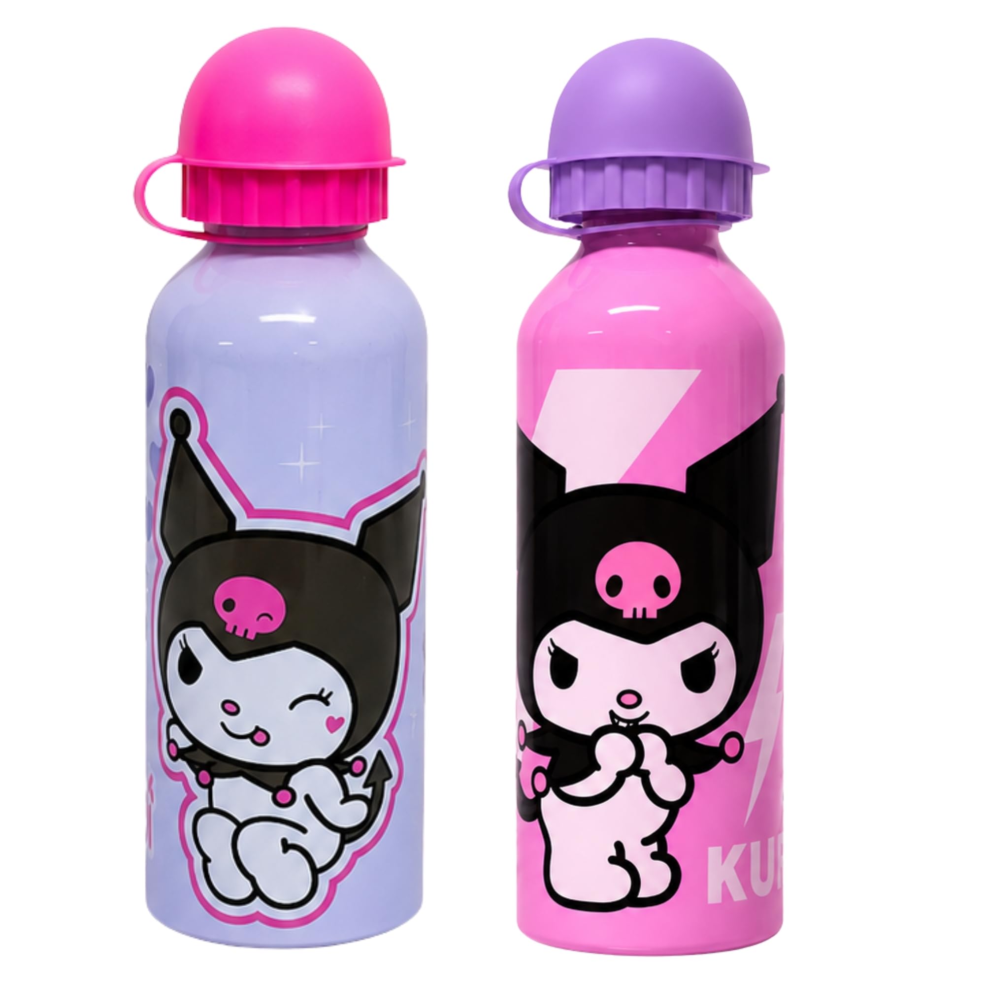 SRV Hub 2x Kuromi Pink & Lilac Blue Aluminium Bottle Set 500ml Kids Character Water Drinks Bottle Reusable School Travel Gift