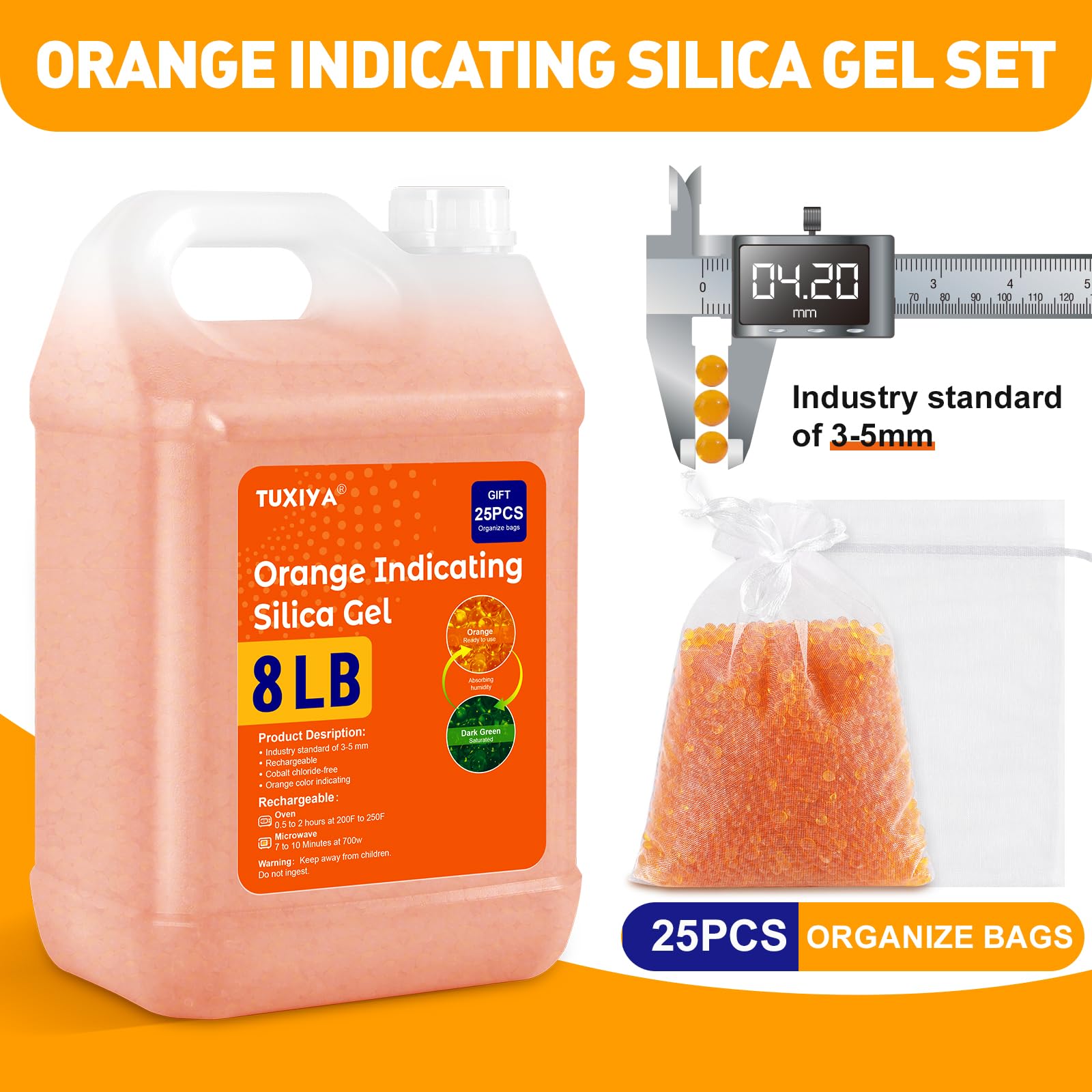 TUXIYA Cuentas desecantes de gel de sílice indicadoras naranjas de 8 libras (estándar de la industria de 3 a 5 mm), cuentas de gel de sílice recargables para filamento 3D, dispositivos electrónicos