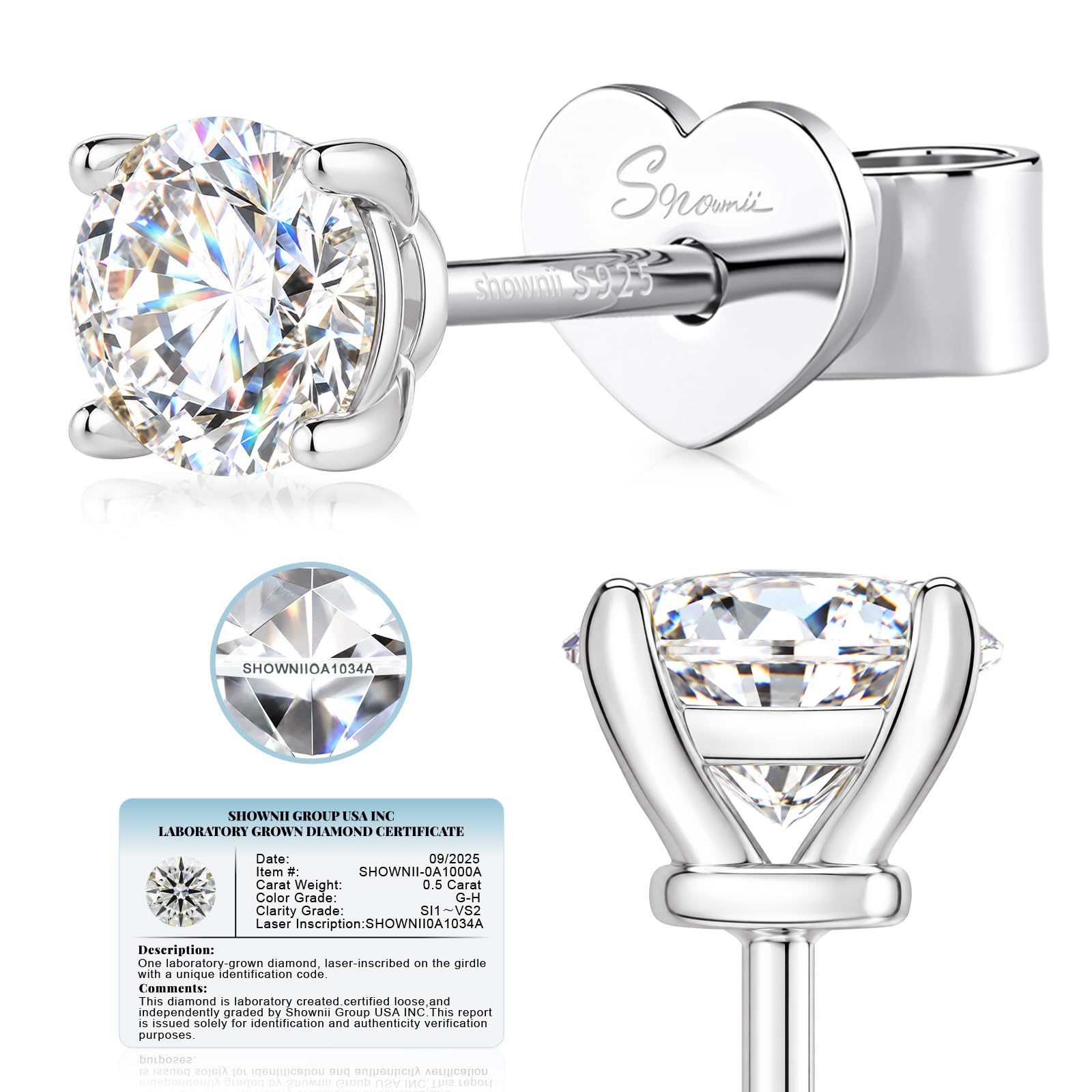 SHOWNII LAB GROWN Diamond Stud Earrings for Women 0.25CT - 1CT Push Back