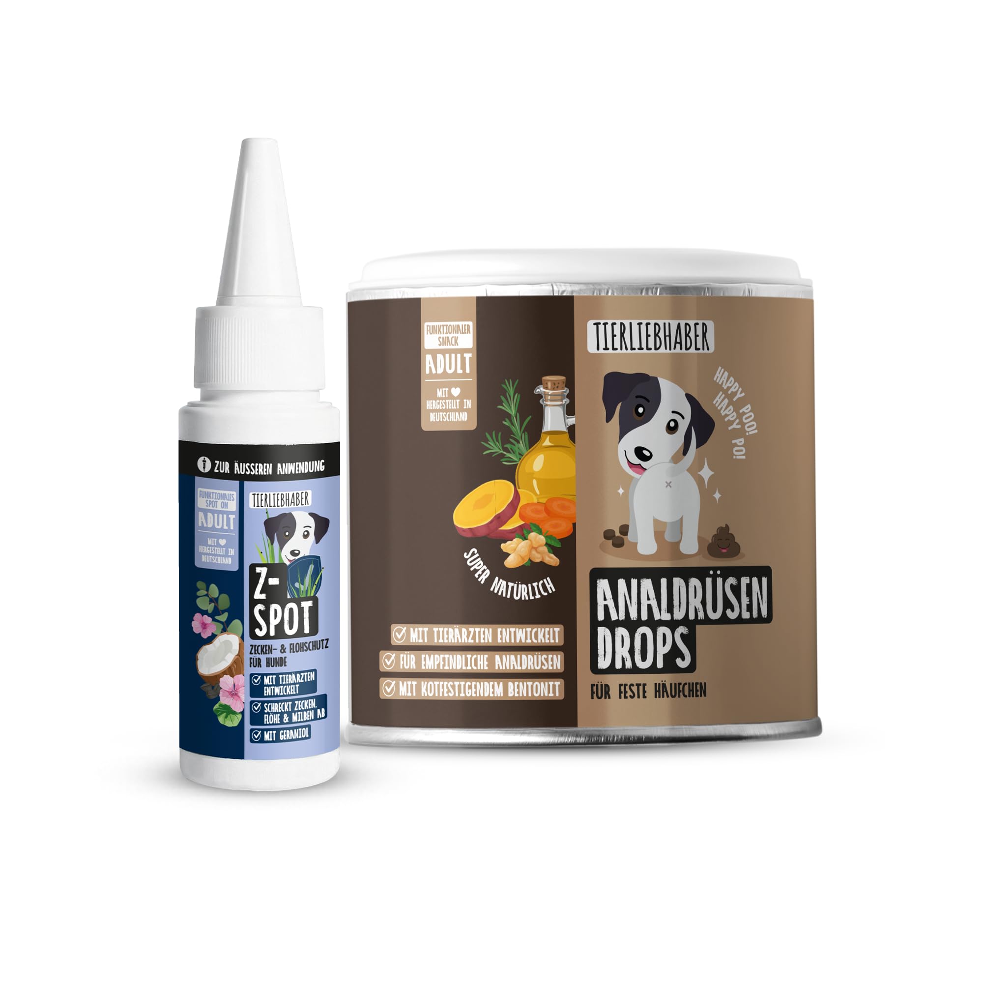 SPARSET - Zeckenschutz Hund Z-Spot mit Geraniol – Pflanzliches Zeckenmittel für Hunde tierärztlich entwickelt + Analdrüsen Hund Drops – Analdrüsen Drops für Feste Häufchen mit Bentonit und Flohsamen