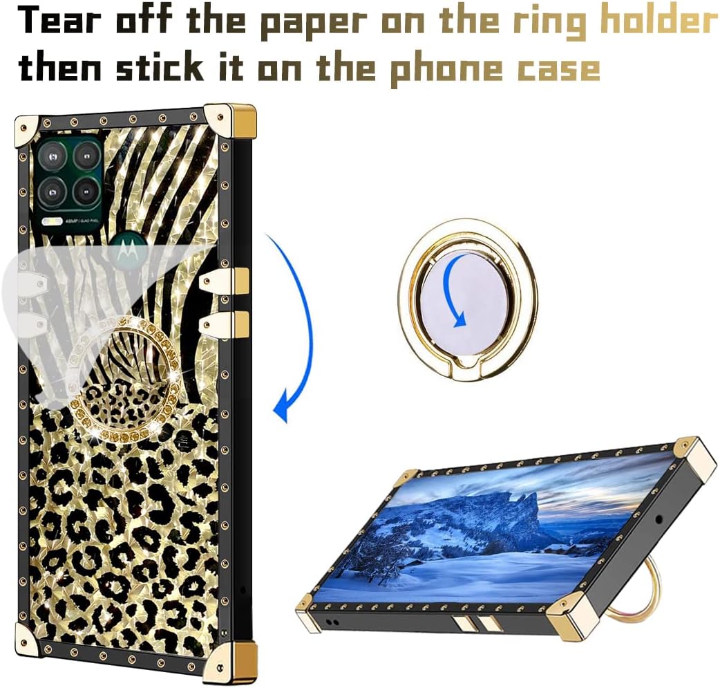 Compatible with Motorola G Stylus 5G Case Soft Cute Thin Square Golden Glitter Leopard Cheetah Print Pattern Cover Rhinestone Diamond Ring Kickstand Floral Case for Moto G Stylus 5G (Lips)