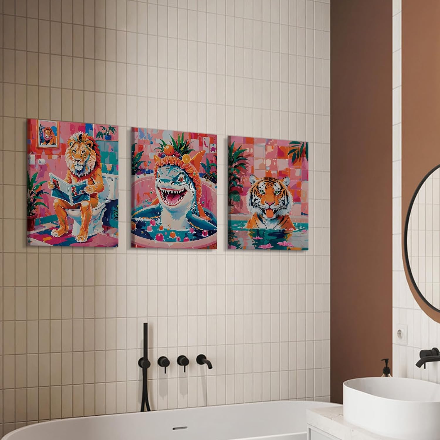 Funny Animals Wall Art Canvas Prints Pink Bathroom Wall Decor,Lion Tiger Shark Framed Art Poster Restroom Aesthetic Artwork Decoration Set of 3 (12x16 Inch)