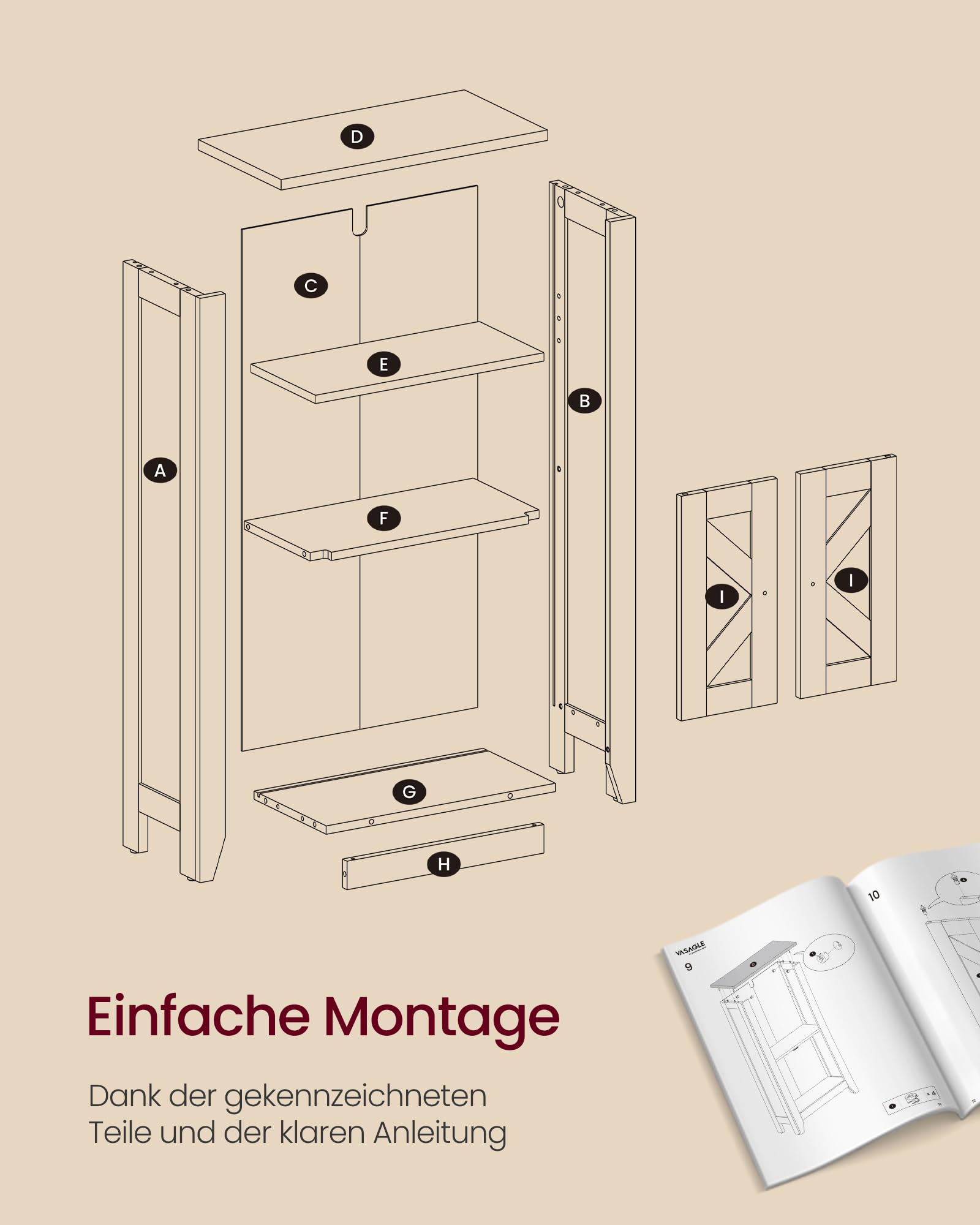 VASAGLE LIRY Kollektion - Badezimmerschrank im Landhausstil, Schrank, Badschrank schmal, offene Fächer, mit Türen, für Badezimmer, vintageweiß-honigbraun BBK313W101