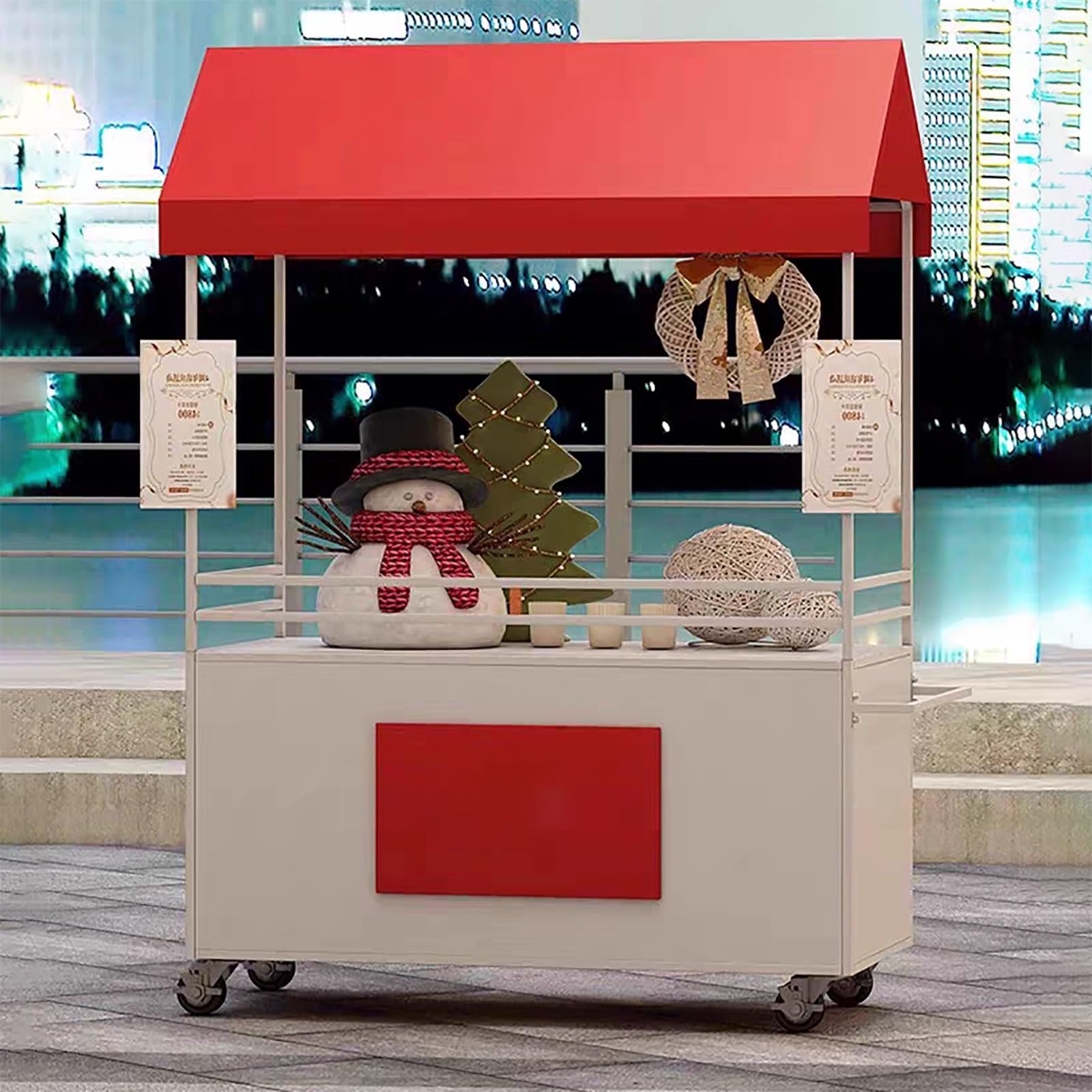 Carrito de Venta Ambulante con Ruedas 360°, Puesto Portátil de Hierro | Carro de Venta Puesto de Mercado con Toldo, Gran Capacidad de Carga y Asa para Mercados, Festivales(White,140cm)