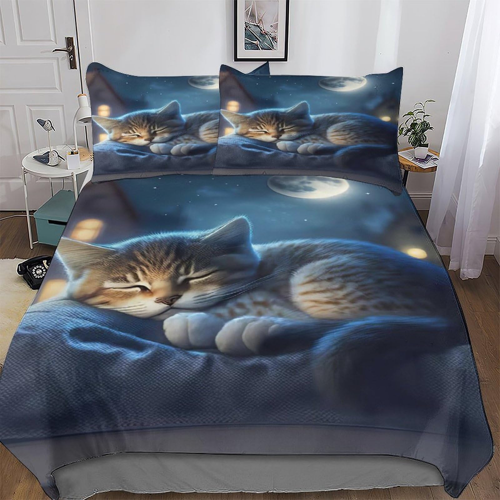 Parure de lit chat 220x240 cm avec housse de couette en microfibre et taies