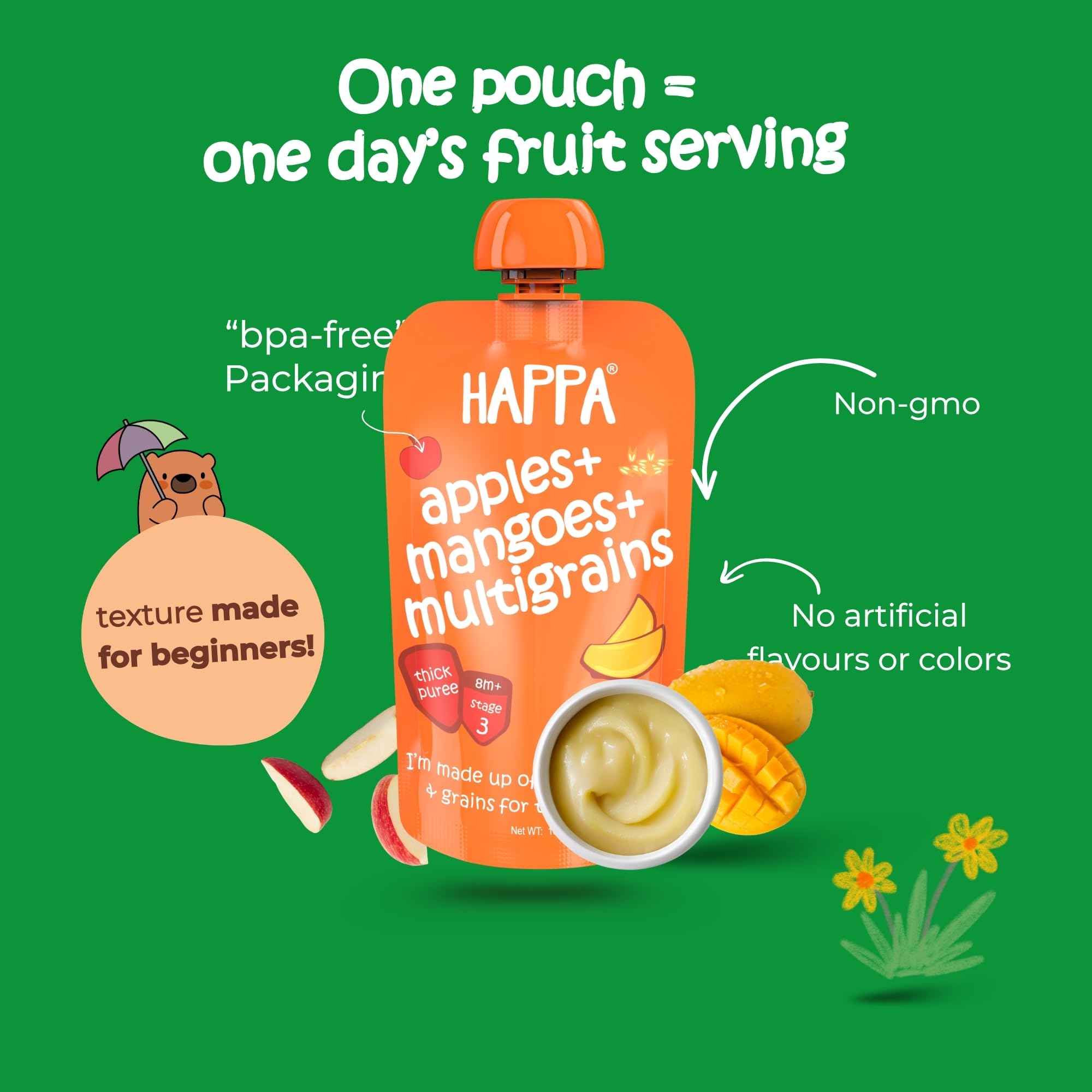 Happa Organic Baby Food Apple Mango and Multigrain Puree | 100% Fruits | No Added Sugar, No Milk Powder, No Preservatives | Stage 3 (8 Months+) | Ready to Eat | Free from Common Allergens | Pack of 1 (100g Each) 2