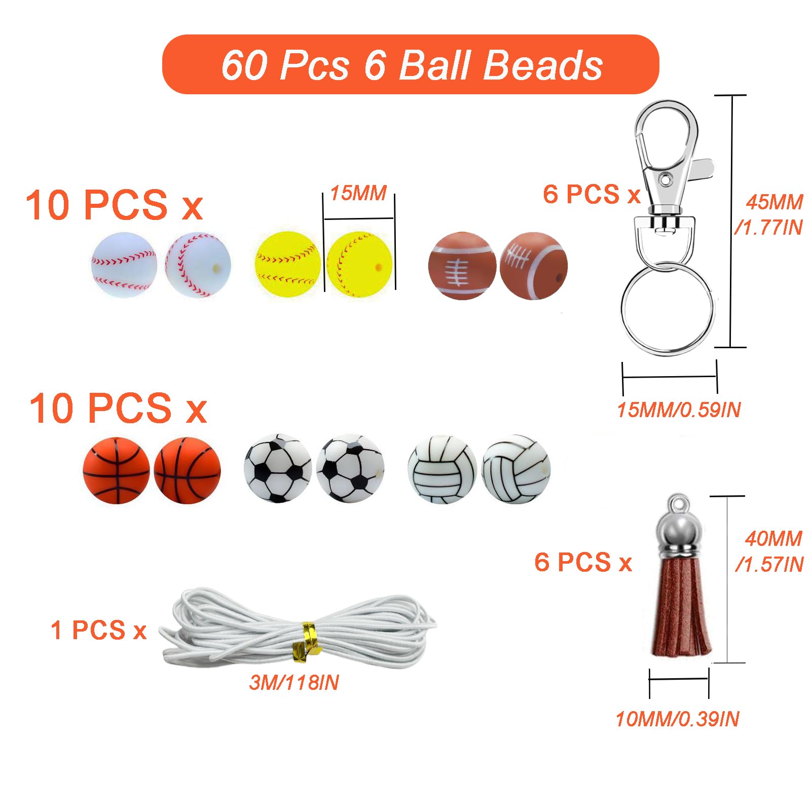 Xzyden Silicone Beads, 60pcs 15mm, Bulk with 6 Keychain & Tassels, 5M Lanyard Making Jewelry DIY Crafts
