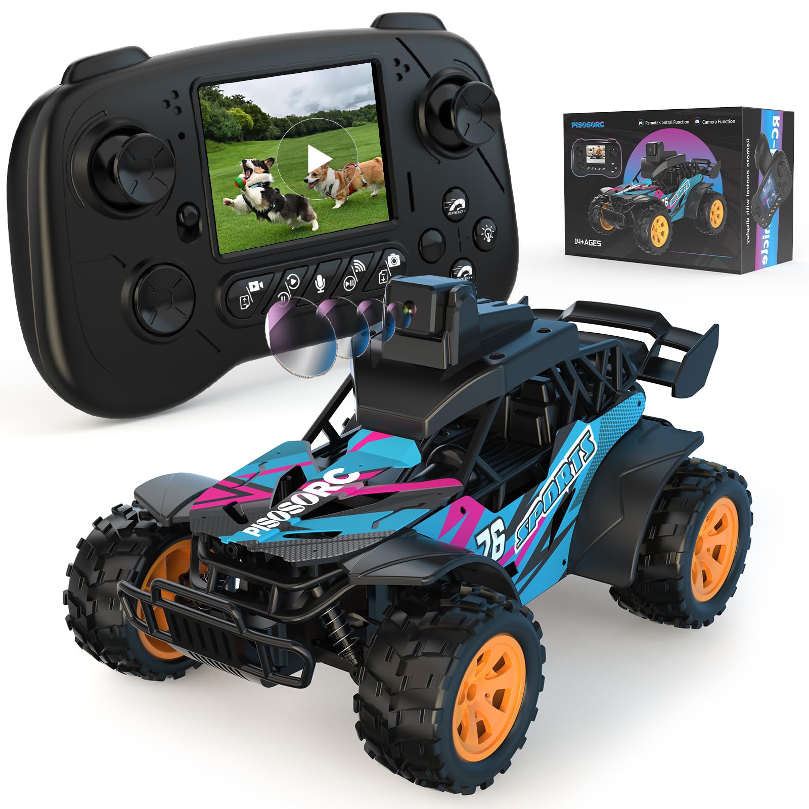 pisosorc Remote‑Controlled Off‑Road RC Truck with 2.8 Inch Display, 60 Degree Adjustable HD Camera, App & Manual Radio Control, 2 Speed Modes, Rechargeable Toy, Present for Kids & Adults