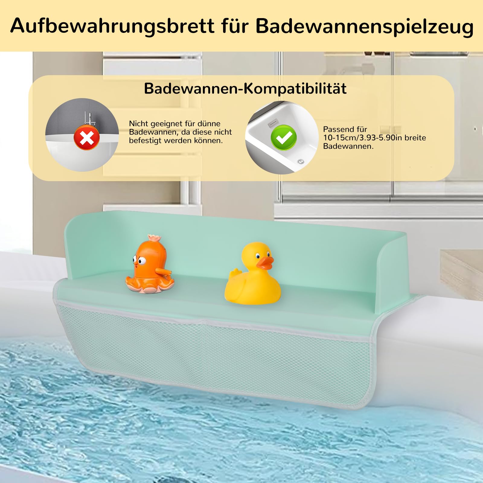 Badewanne Spritzschutz mit Badewannenspielzeug Aufbewahrungstasche, Silikon Kinder Spielzeug Badewannenablage, Saugnäpfe Organizer Badezimmertablett, Badewannenbrett mit Badespielzeug Aufbewahrung (A)