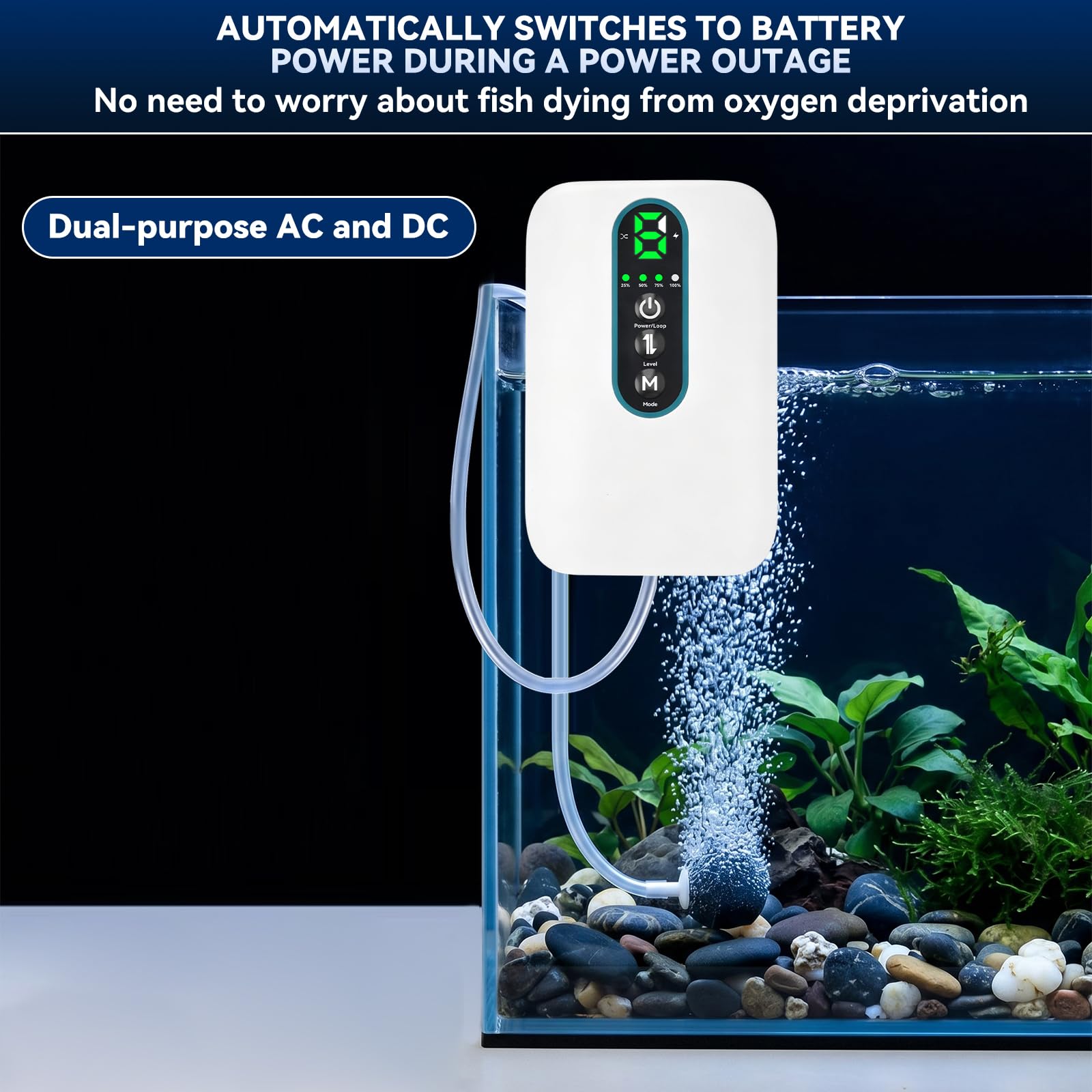 Nikou Aeratore Acquario 1.5 W, Ossigenatore Mini Pompa ad Aria per Acquario, Silenziosa Regolabile Pompe d'aria con Pietre d'aria, 1 Uscita, 6 Livelli, per Acquari, Pesca, Trasporto Pesci