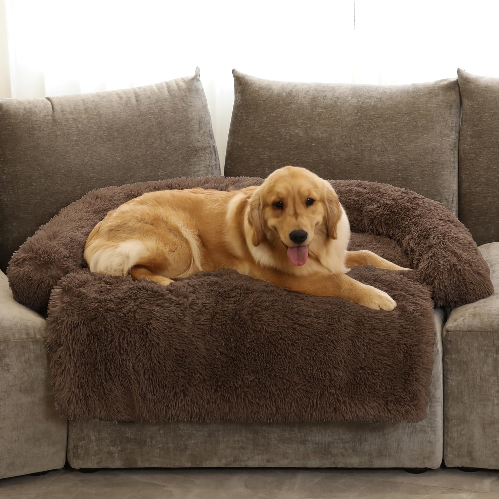 GGIB Calming Dog Bed Fluffy Plush Dog Mat for Furniture Protector with Removable Washable Cover for Large Medium Small Dogs and Cats (Extra Large (53x39.3x6), Coffee)