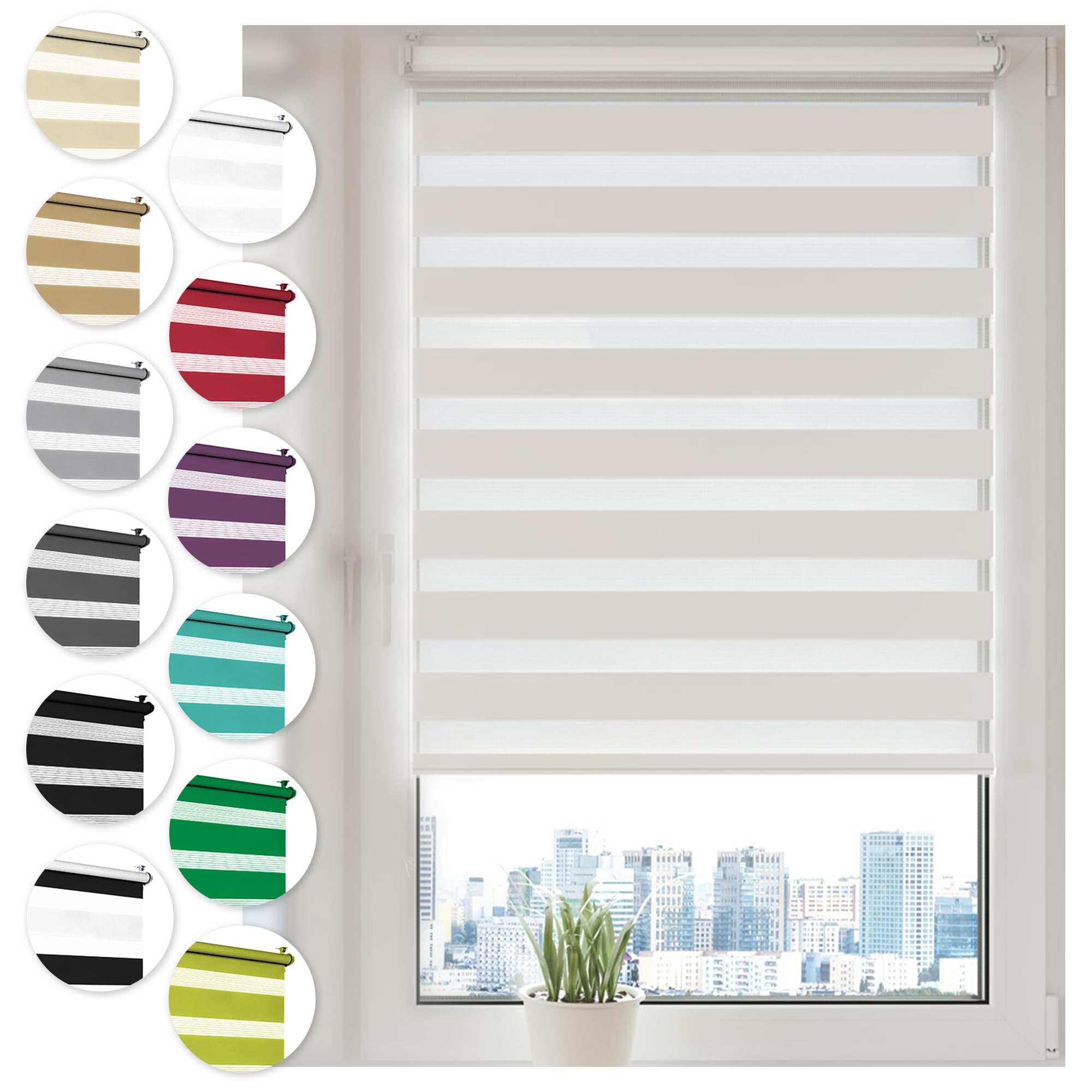 Sonello Double Layer Roller Blind Day and Night without Drilling 60 cm x 130 cm White Easy Clip Fastening No Drilling Zebra Roller Blind for Window or Door Sun Protection