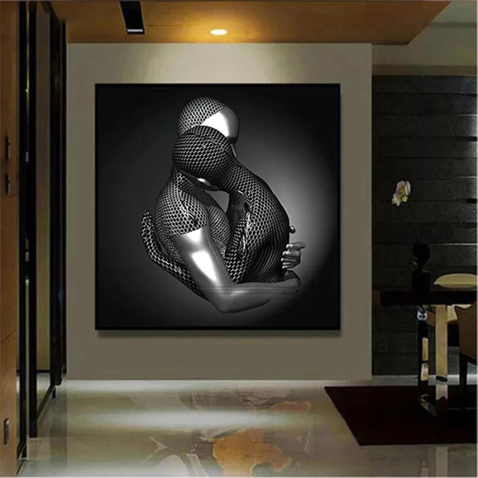 HOLEILUCK Love Heart Gray Metal Figure Statue 3D Art Wall Pictures Framed Prints Wall Art Canvas Painting for Living Room Decor 80x80cm(32x32in) Con cornice