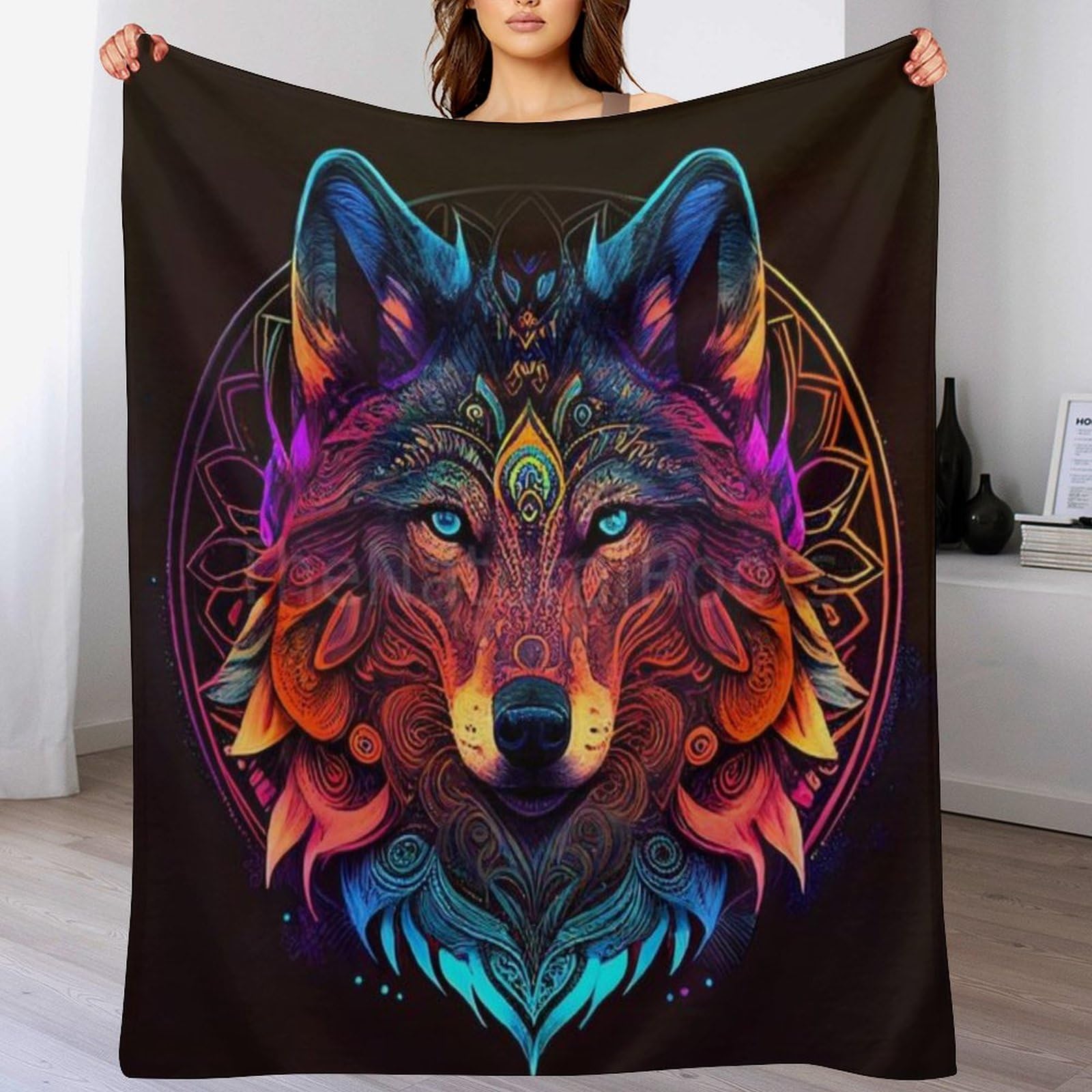 Plaid polaire loup jeté de canapé en flannel doux et chaud 150x200