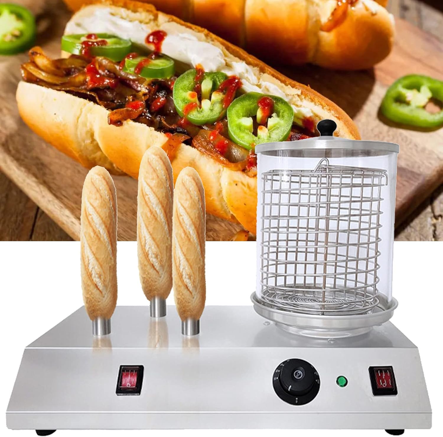 Professional Food Hot Dog Machine Heater, Sausage Heater, Hot Dog Sausage Cooker Stainless Steel,3sticks