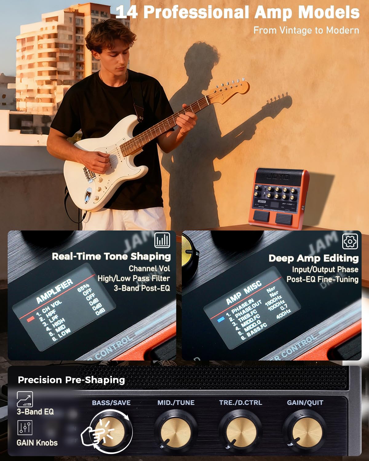 JOYO Amplificatore di allenamento per chitarra 10 W portatile con pedale multieffetti - registrazione OTG, Bluetooth, 14 modelli di amplificatore, EQ 3 bande, 36 ritmi & Looper (Jam Buddy II