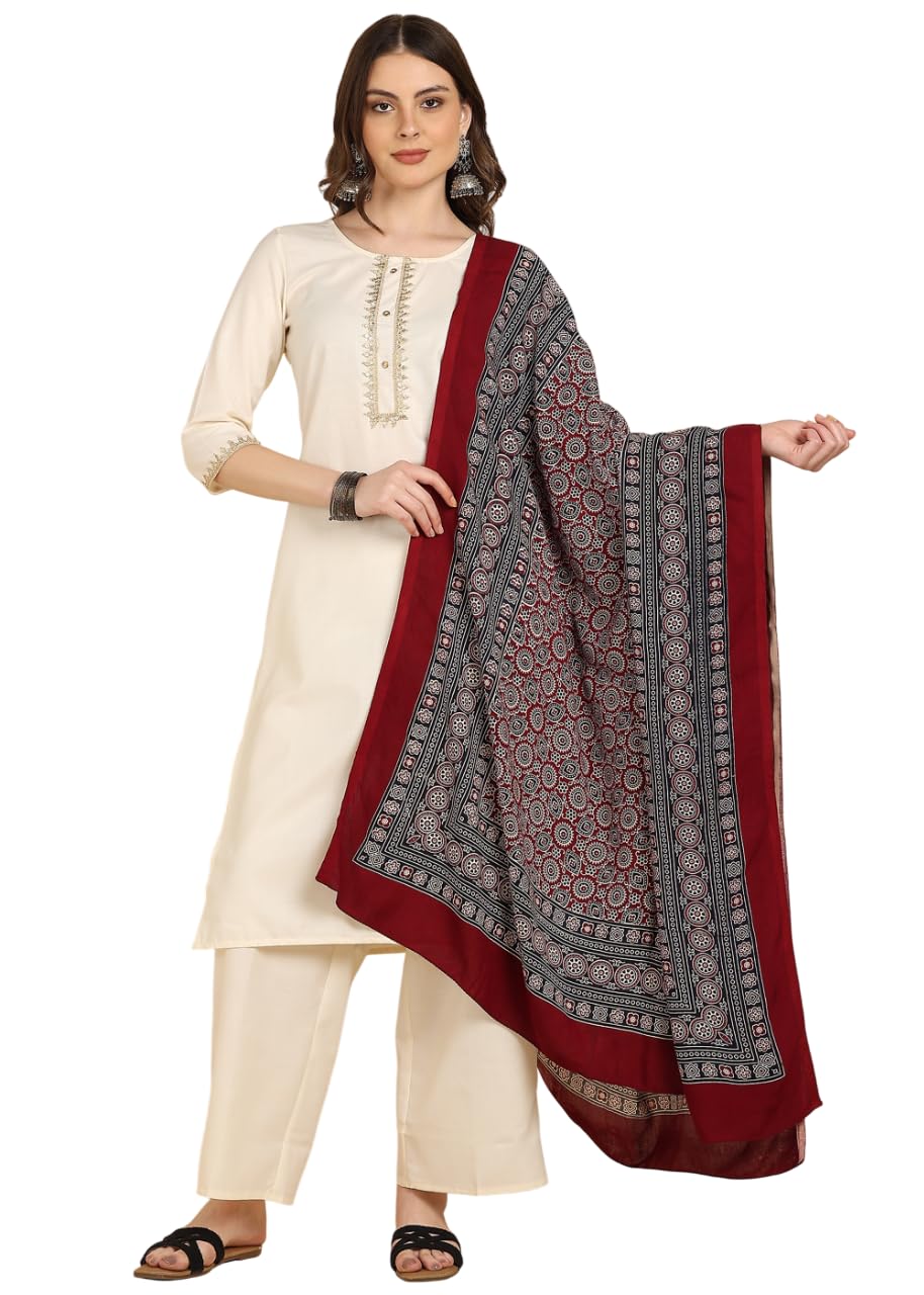 amrozia Ajrak Print Rayon Dupatta for Women (Maroon)-picture-31