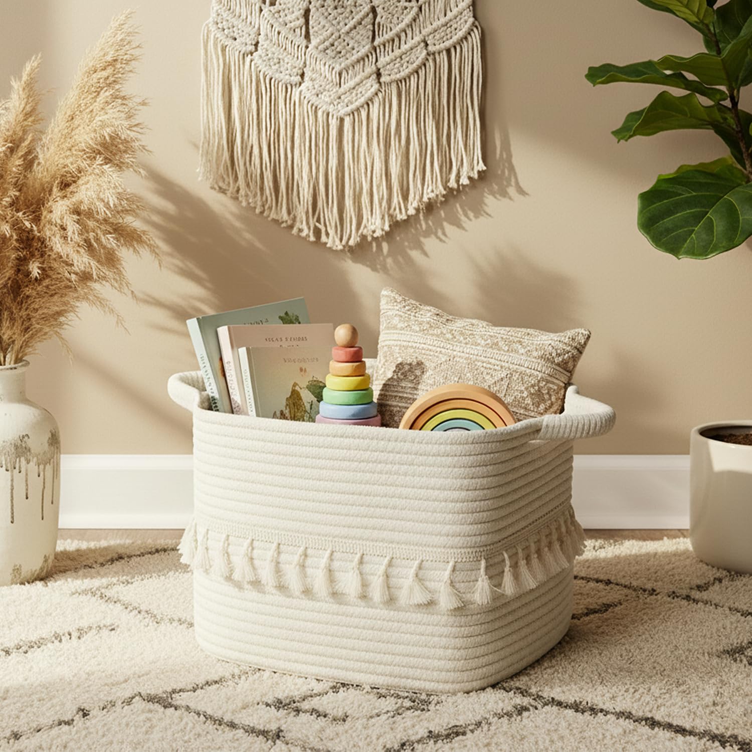 danpinera Aufbewahrungskorb, Korb geflochten mit Henkeln, vielseitiger Korb Aufbewahrung für Wäsche, Decken & Spielzeug, dekorativer Basket für Wohnzimmer, Schlafzimmer, Bad & Kinderzimmer Weiß