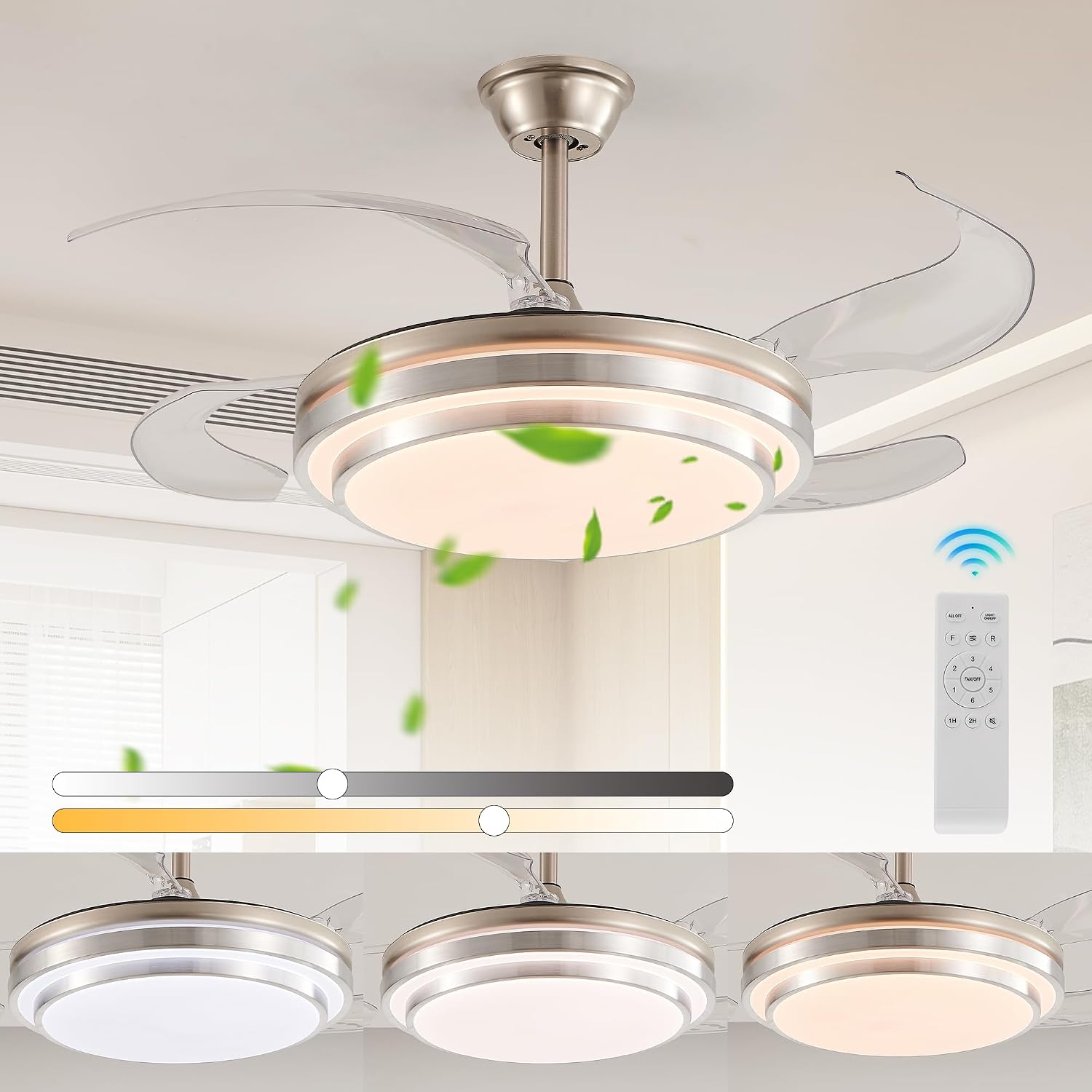 42 Inch Retractable Ceiling Fan with Light and Remote, Modern Invisible Ceiling Fan, 6-Speed Reversible DC Motor, Dimmable 3 Color LED, Quiet for Bedroom Living Room, Brushed Nickel