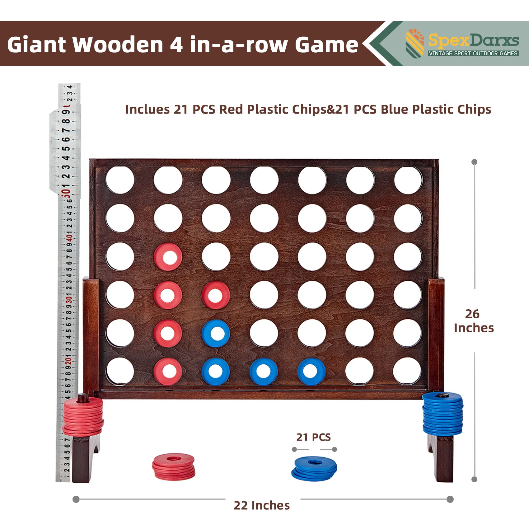 SpexDarxs Giant 4 in A Row Game, Wooden Jumbo 4-to-Score Game Set for Indoor & Outdoor Family Fun-Line Up 4 Travel Board Games with 42 Coins & Ring Holders & Carrying Bag