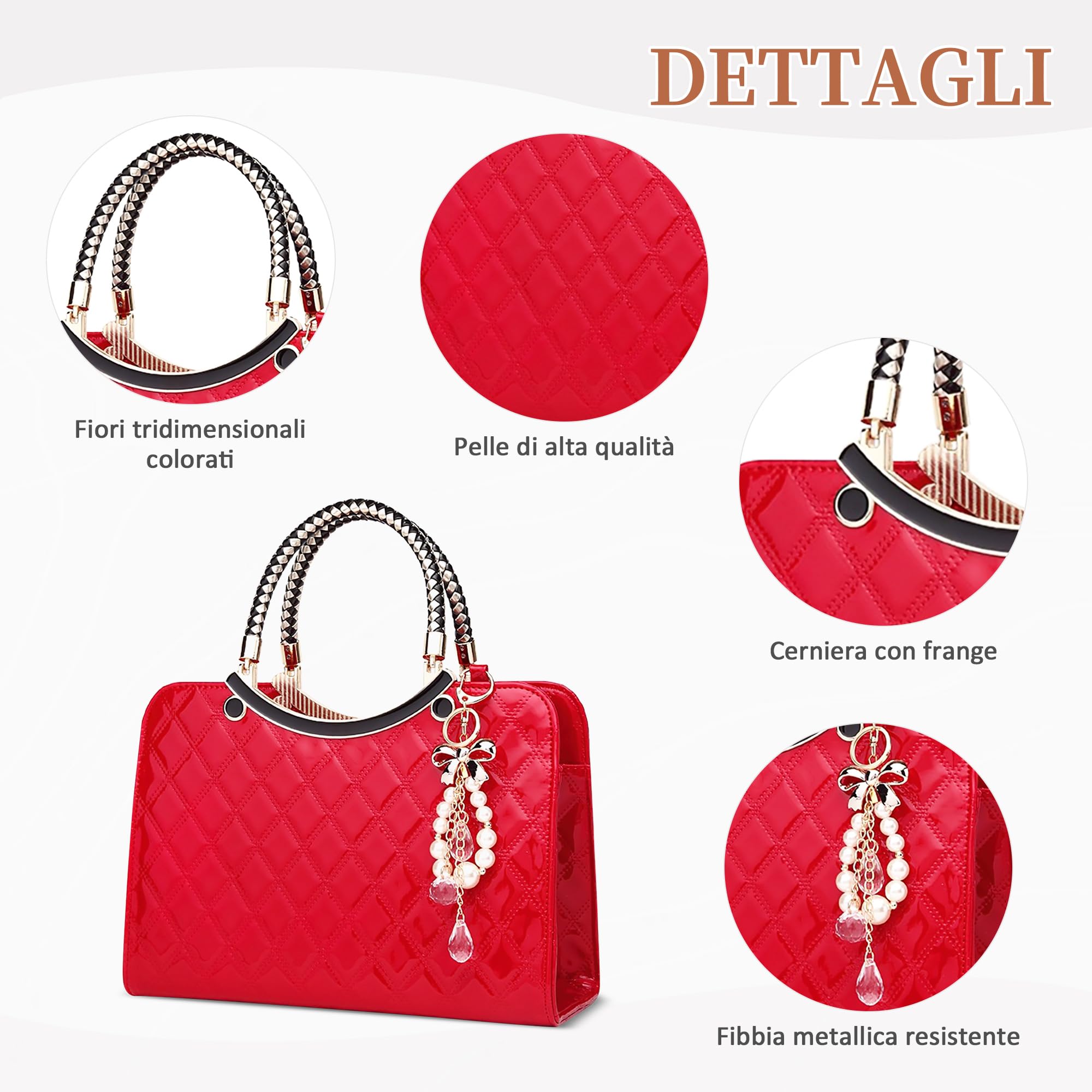 DIRRONA Borsa a Mano Donna in Pelle PU Lucida Trapuntata Elegante con Decorazione Fiocco e Perle – Borsa Donna per Matrimonio, Eventi Formali, Ufficio e Uso Giornaliero Rosso Vivace