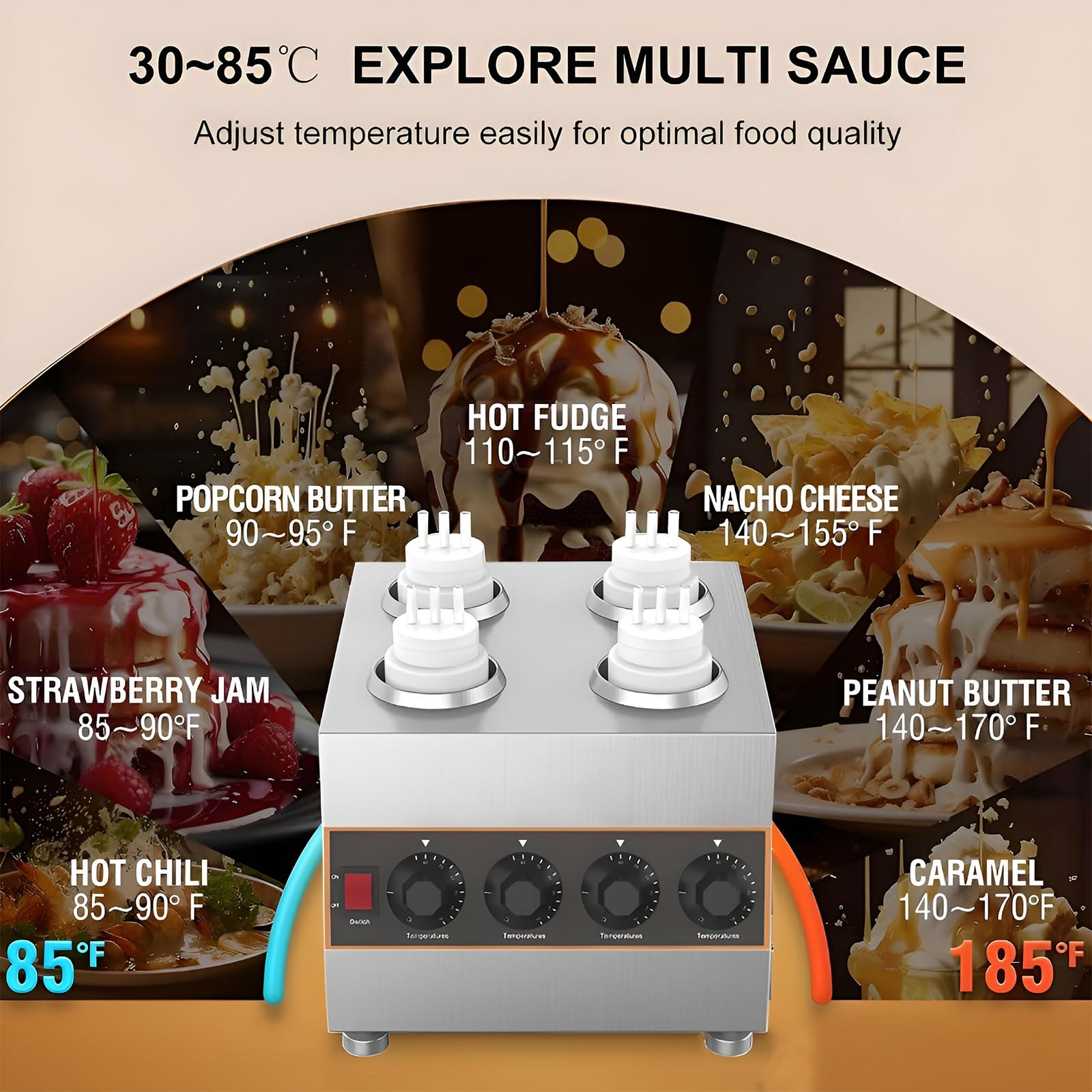 Calentador eléctrico de salsa, dispensador de acero inoxidable con 4 botellas de 650 ml, ajustable a 30-85 °C, para dulces, queso, chocolate