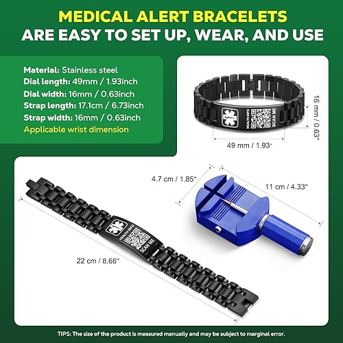 Miniatura 3 de Pulseras médicas mejoradas para hombres y mujeres con código QR, pulseras de identificación de alerta médica, pulsera de acero de titanio que se
