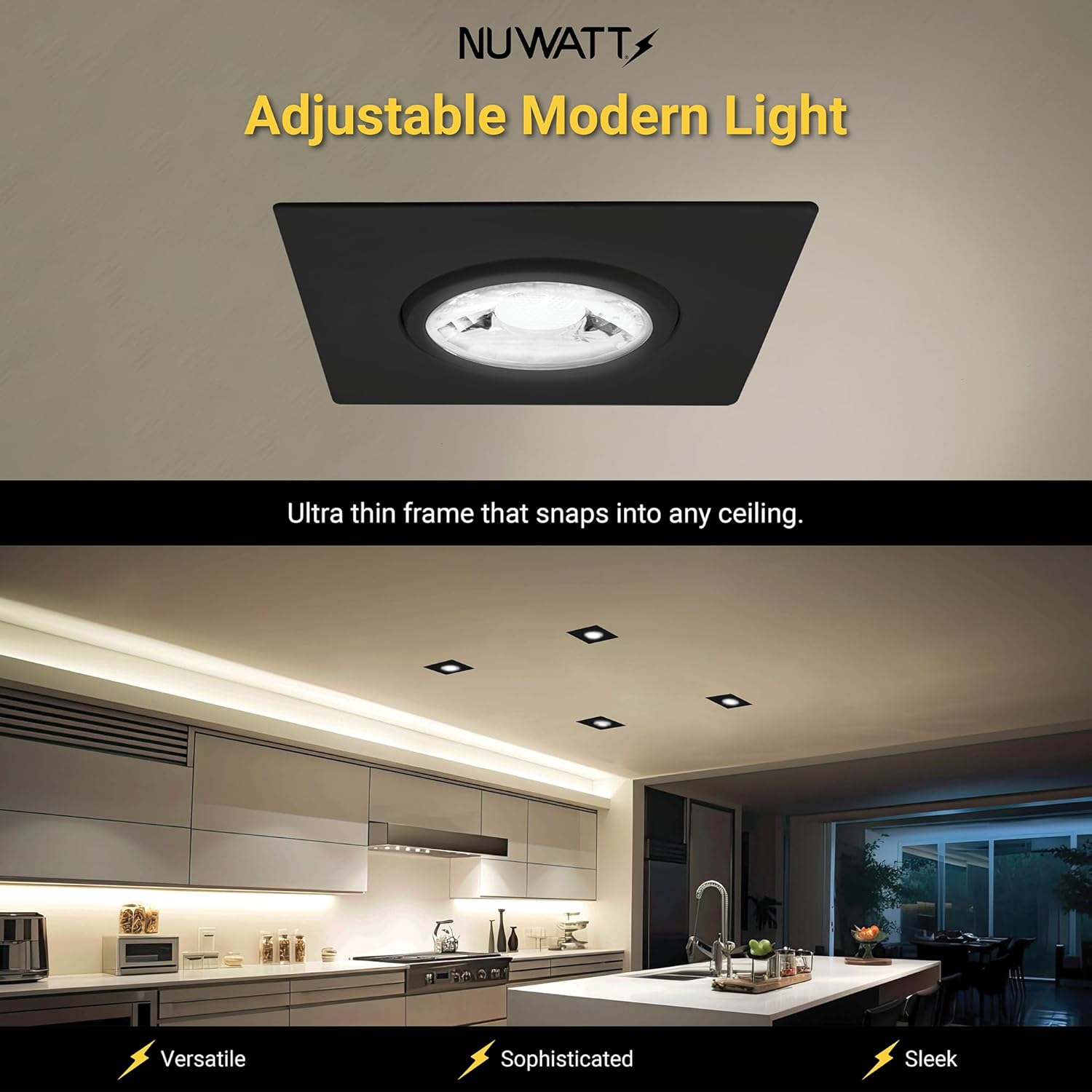 NUWATT 3 Inch LED Gimbal Recessed Lights Black Square, 5CCT 2700K/3000K/3500K/4000K/5000K Selectable 8W, 600 Lumens, IC Rated, Wet Rated, 120V, Dimmable, Canless Adjustable Recessed Lighting, 4 Pack - Image 9