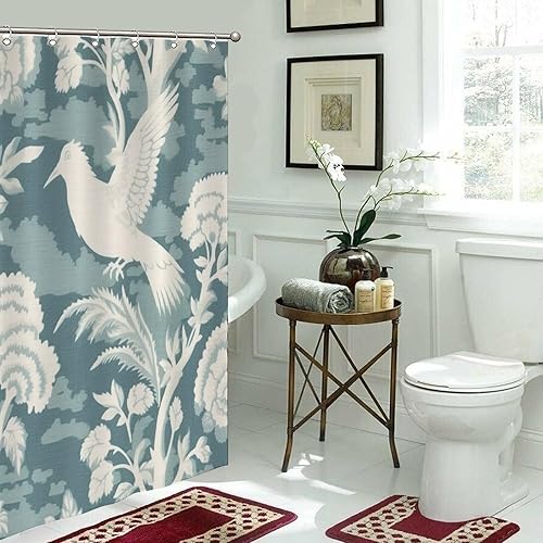Miniatura 466 de Cortinas de ducha de baño con ganchos, 72 x 92 pulgadas, cortina de ducha de tela impermeable con diseño de flores y pájaros, cortina de ducha